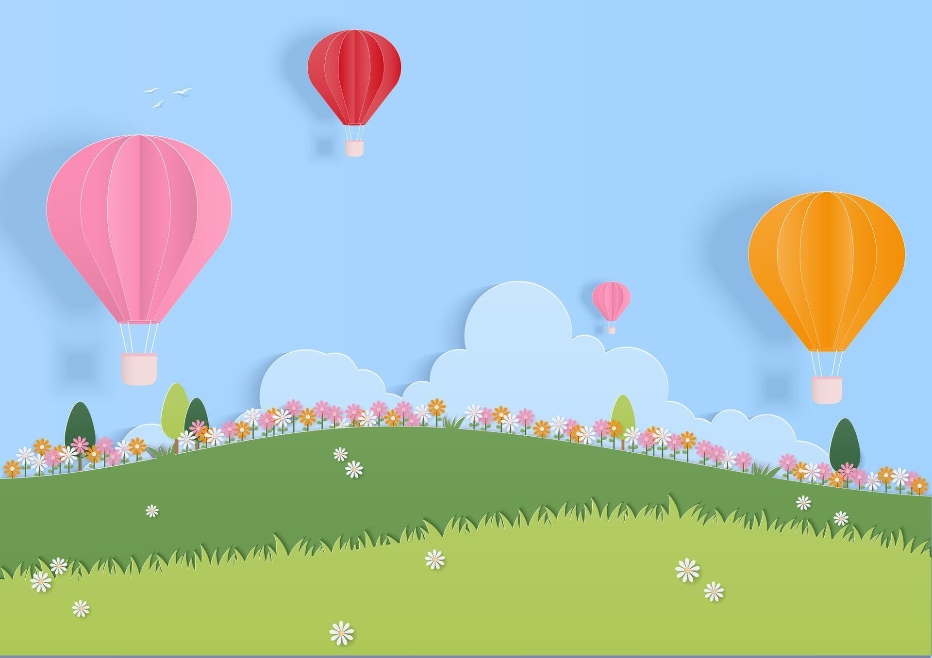 Flower field and hot air balloon background Stock Free