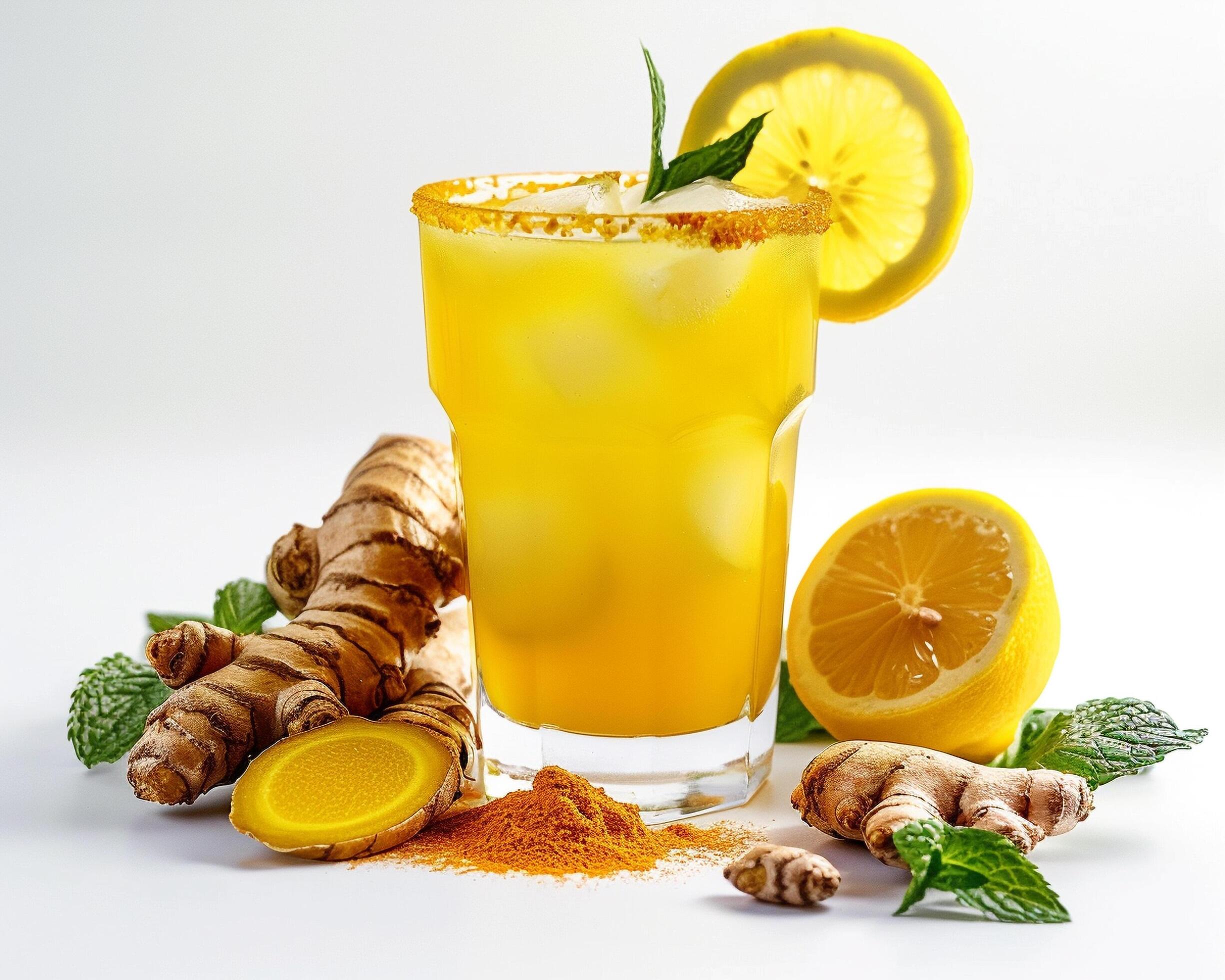 a glass of orange juice with ginger and lemon Stock Free