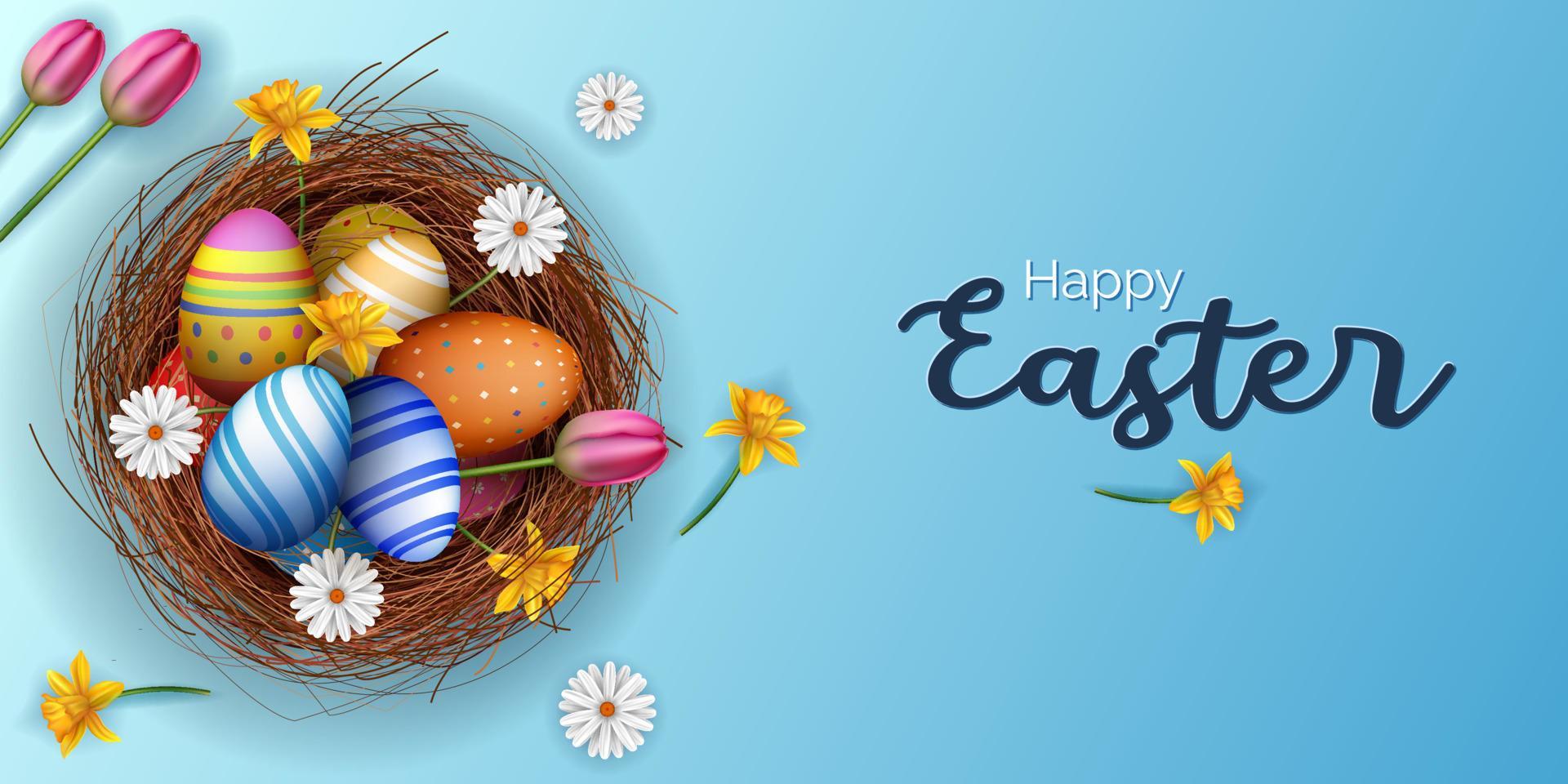 happy easter banner sky blue background with nest, eggs and flowers illustration Stock Free