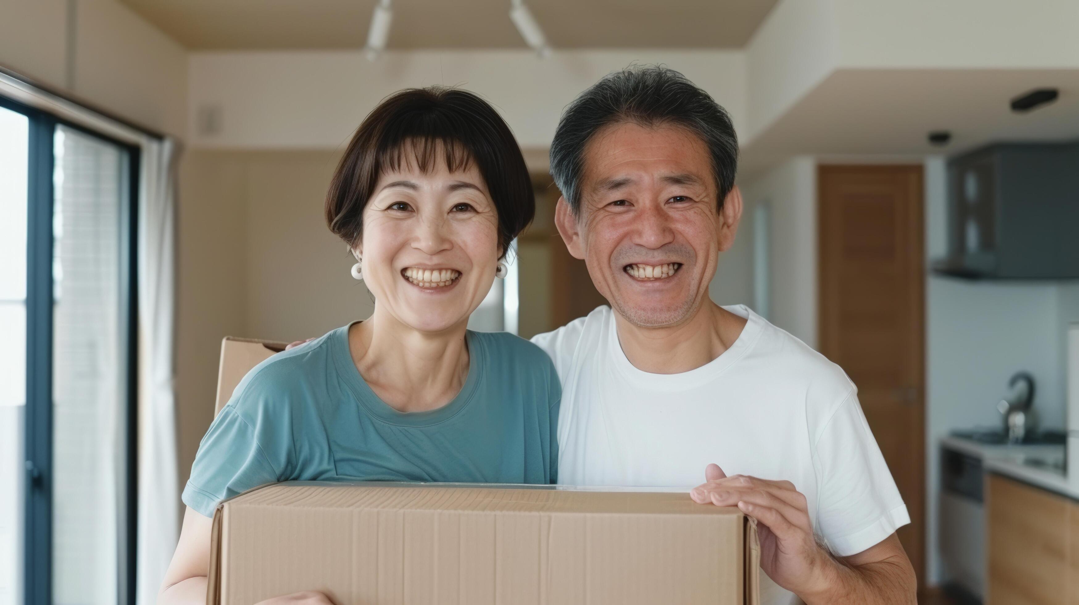 Happy senior couple smiling while holding a box in their new home, symbolizing joy and new beginnings. Stock Free