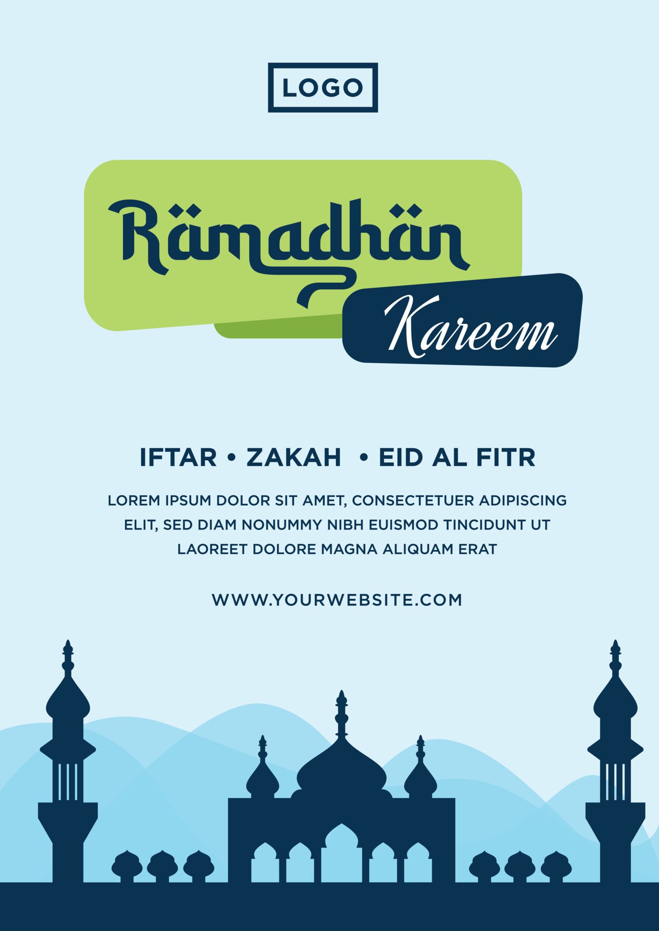 Ramadan kareem Flyer Banner, mosque silhouette with blue background color Free Vector