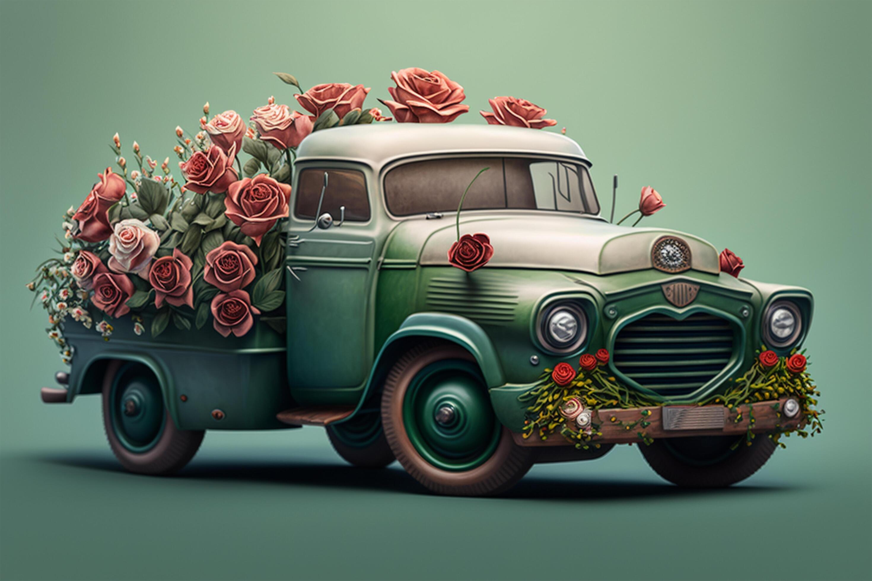 Vintage truck with flowers on isolated background. 3D rendering. Stock Free