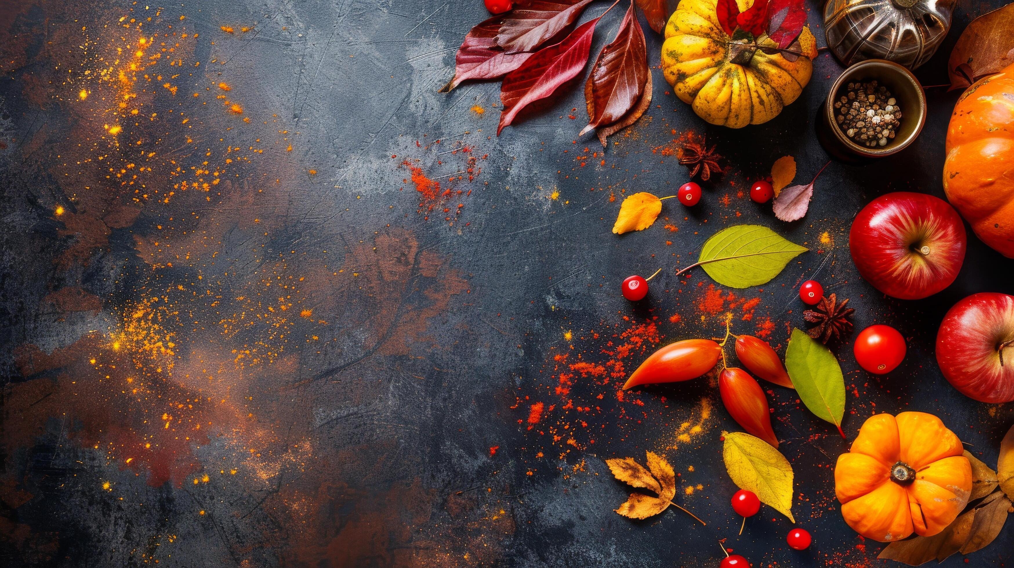 Autumnal Food and Leaves on Dark Background Stock Free