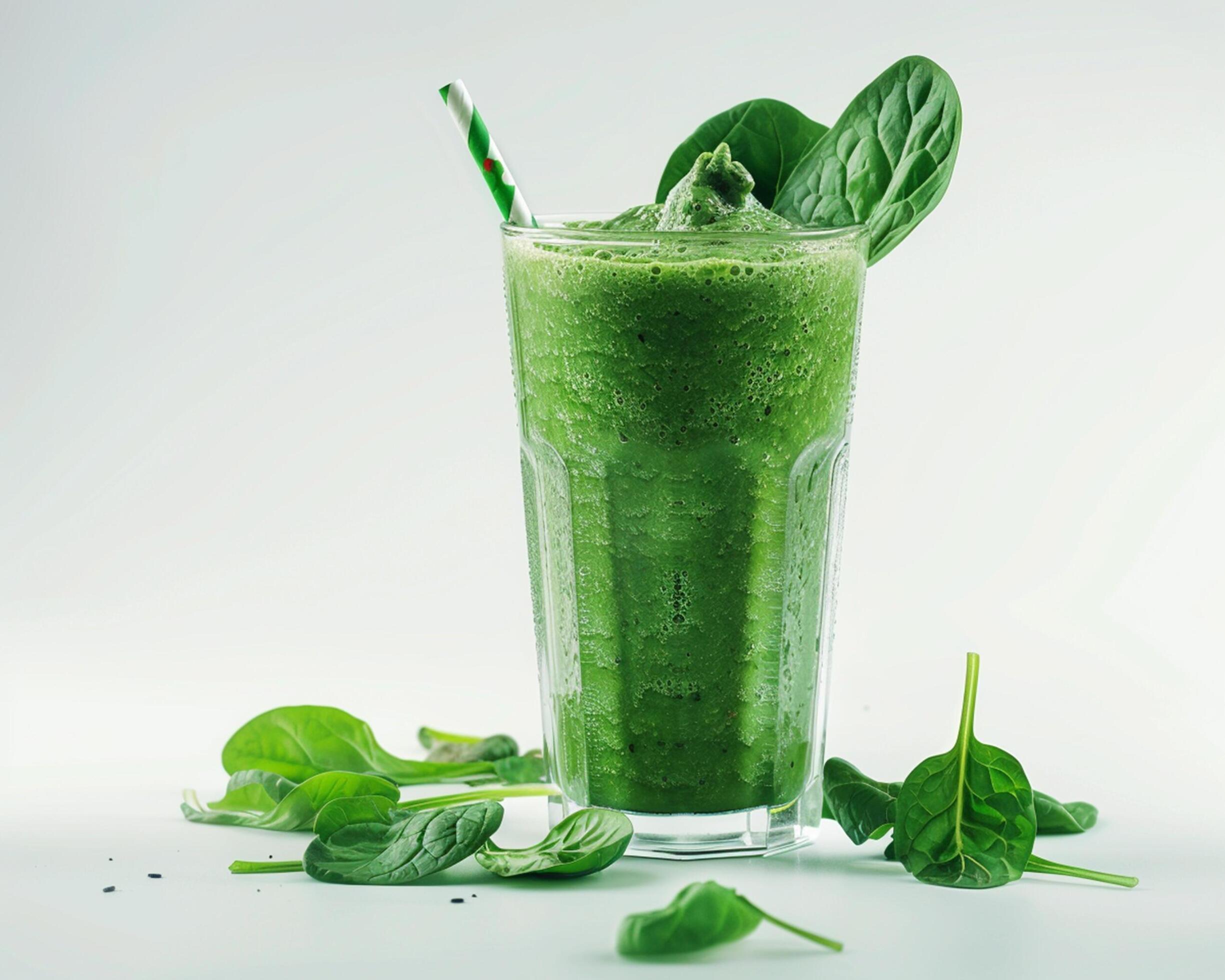 a green smoothie with spinach leaves and a straw Stock Free