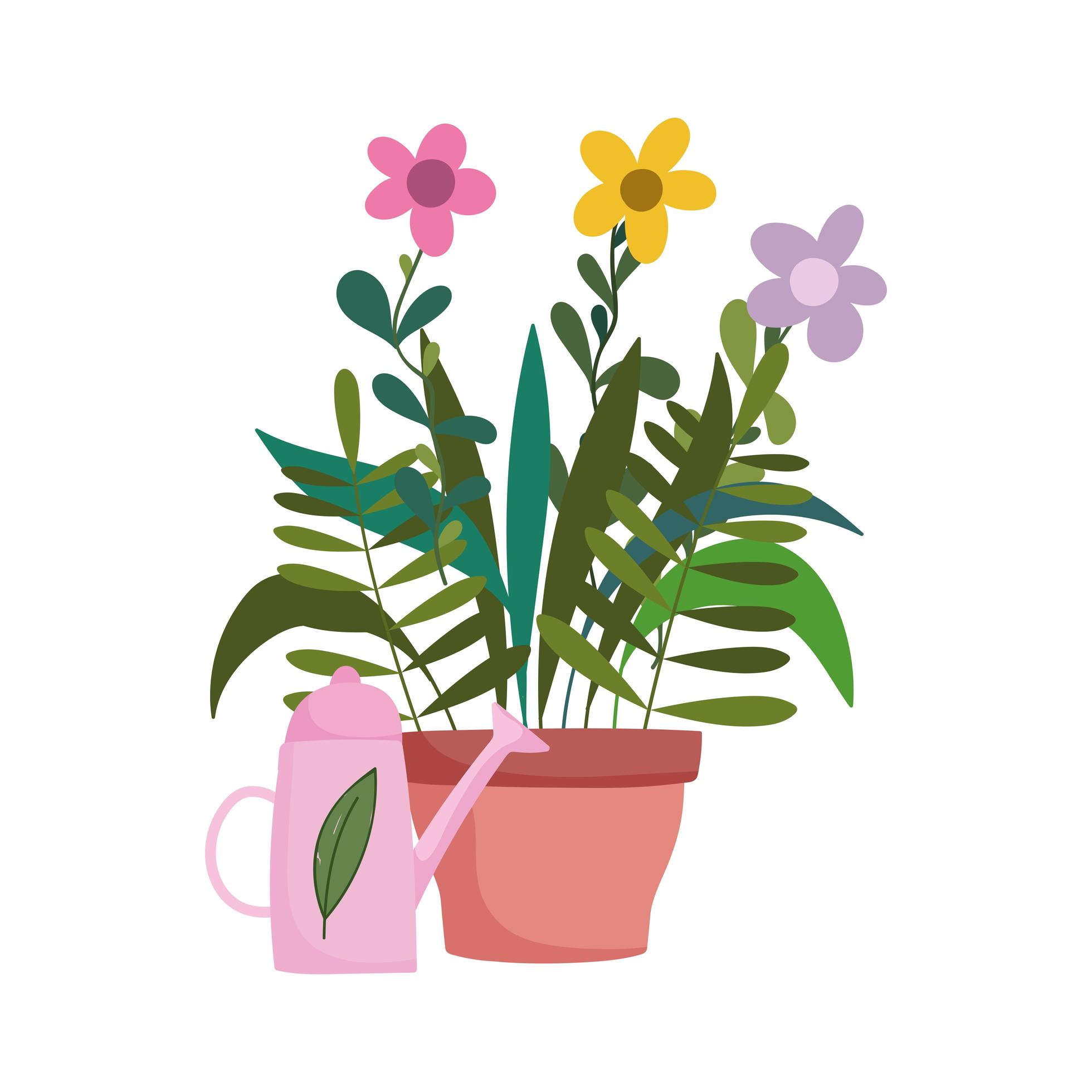 gardening, flowers in pot and watering can nature isolated icon style Stock Free