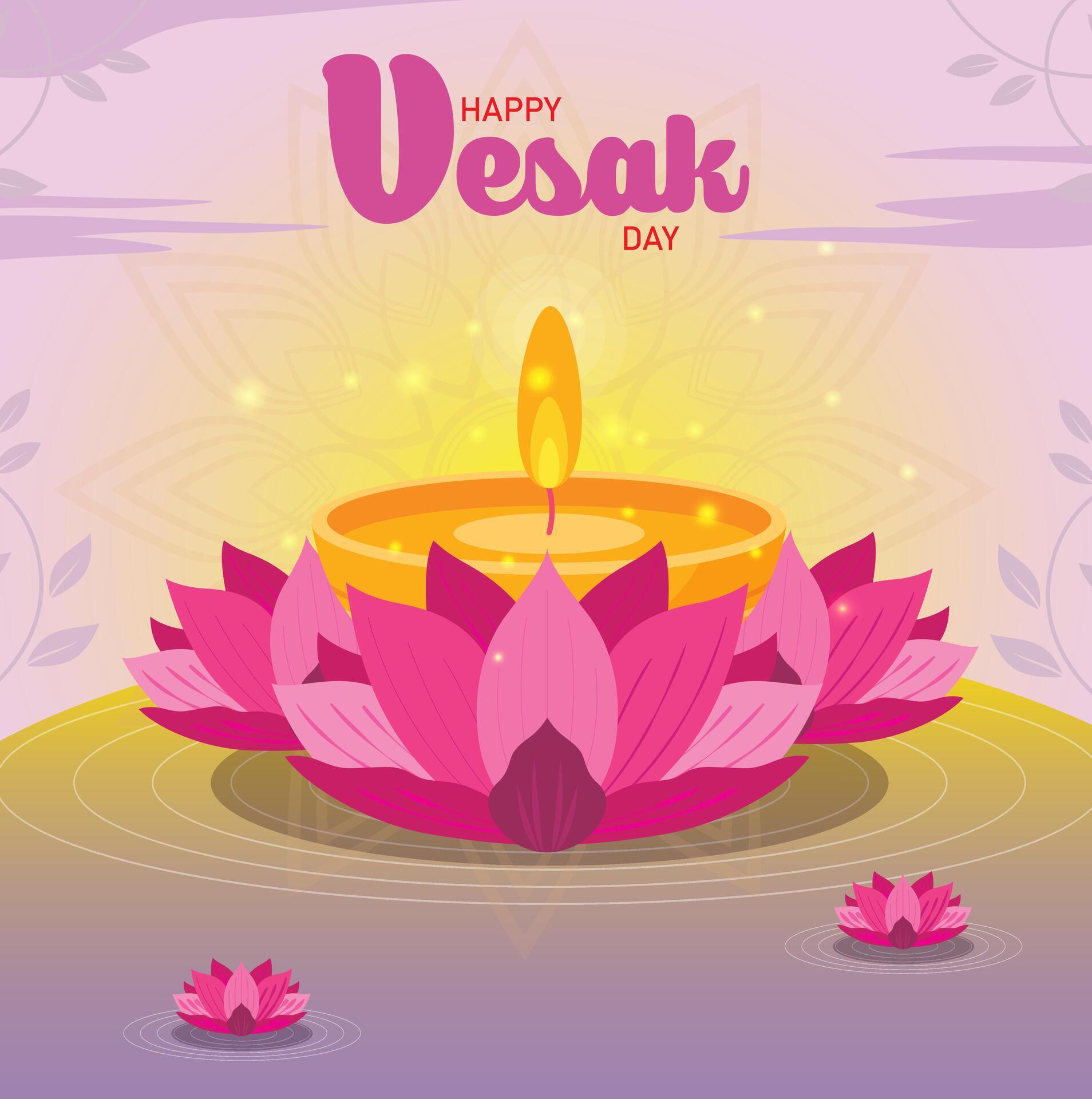 lotus flowers and burning candle on river water in pink purple backcground celebrate happy vesak day Stock Free