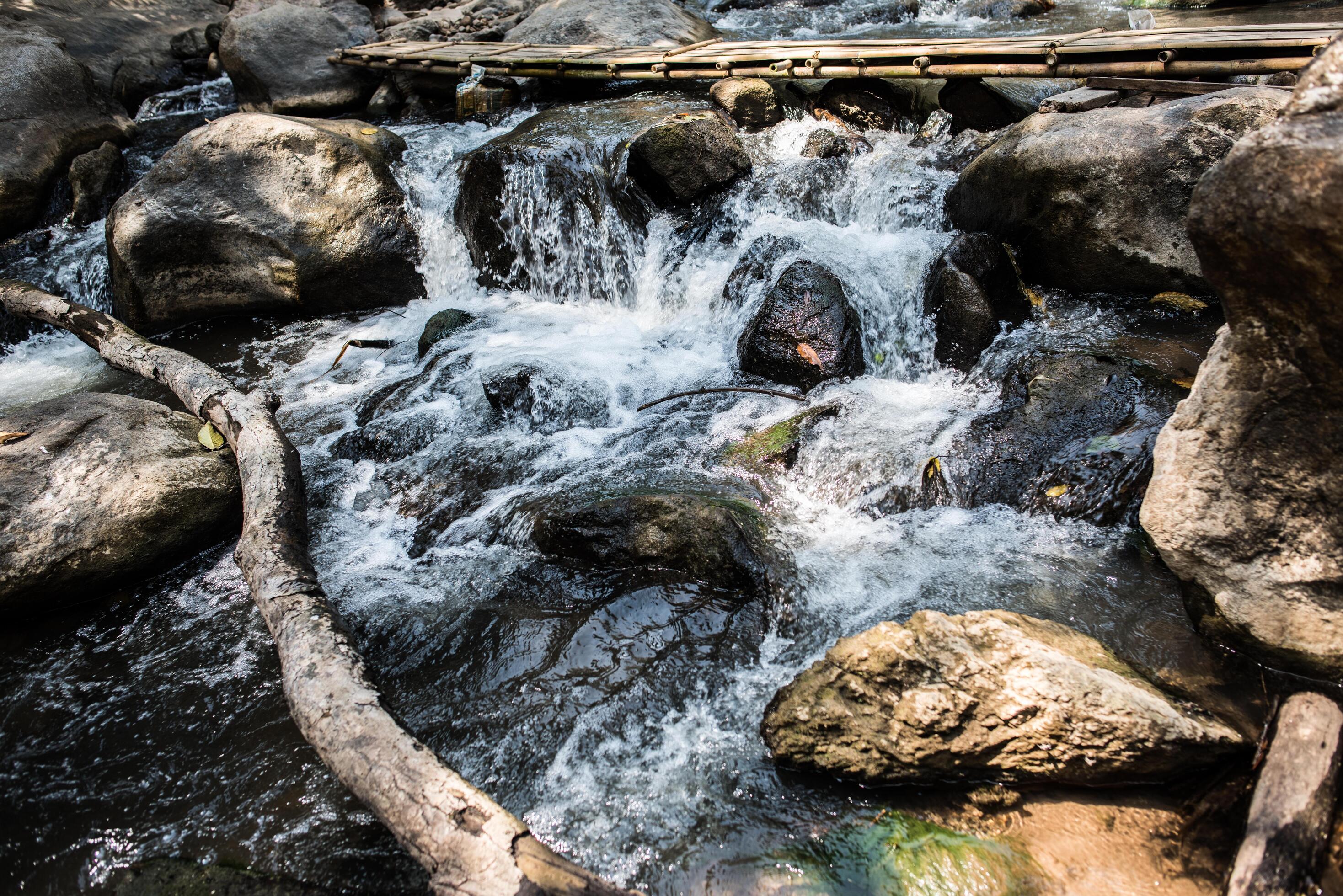 Waterfall in the nature and stone background Stock Free