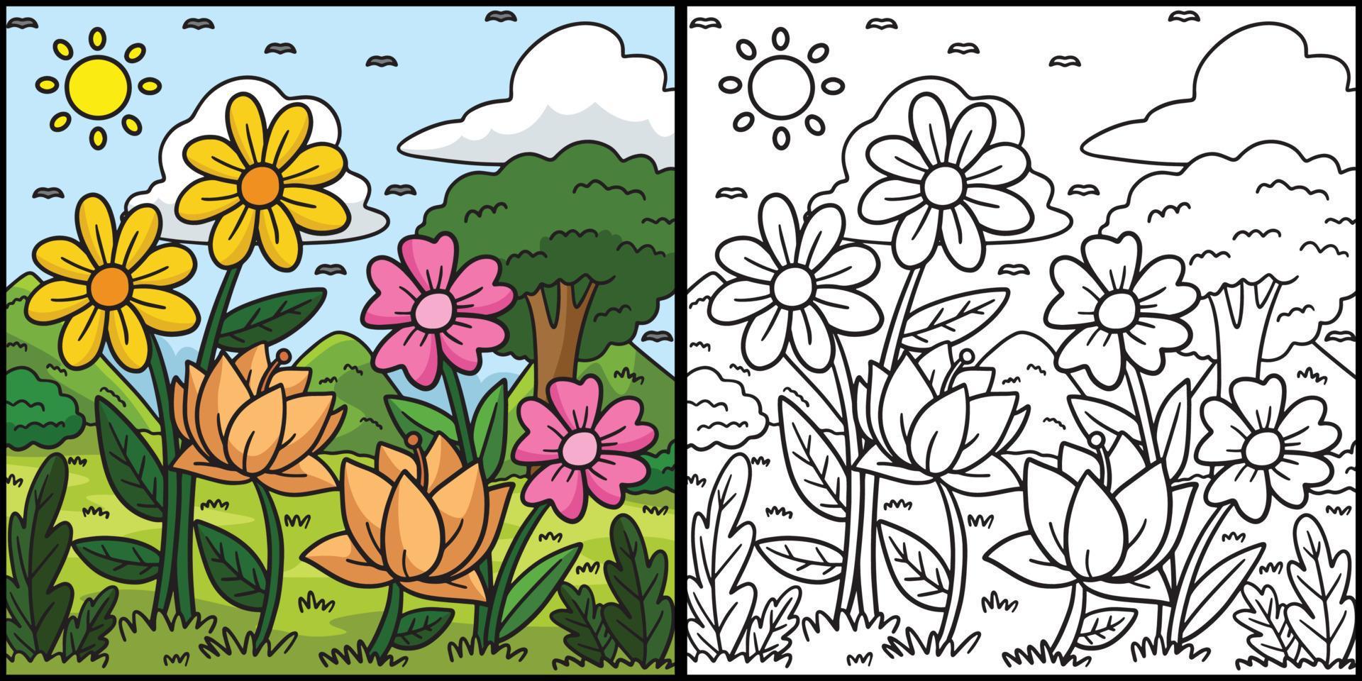 Spring Flowers In A field Coloring Illustration Stock Free