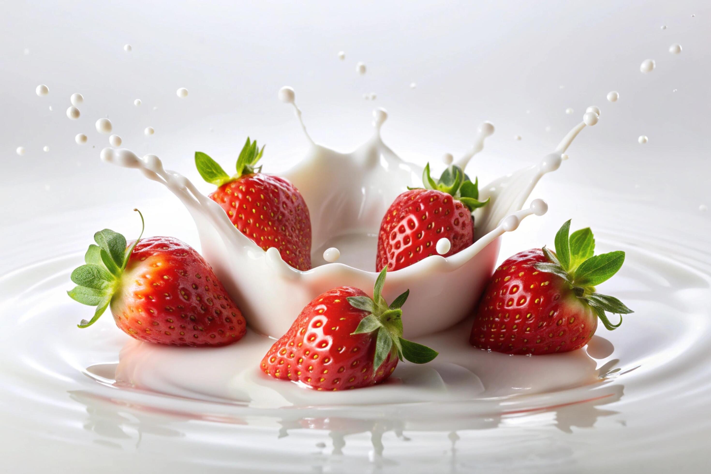 Milk splashes with strawberry on white background Stock Free