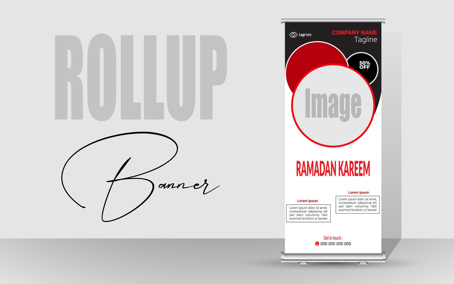 Roll up banner with a happy Ramadan design. unique meal banner for Ramadan. Rollup template for food menus. Free Vector