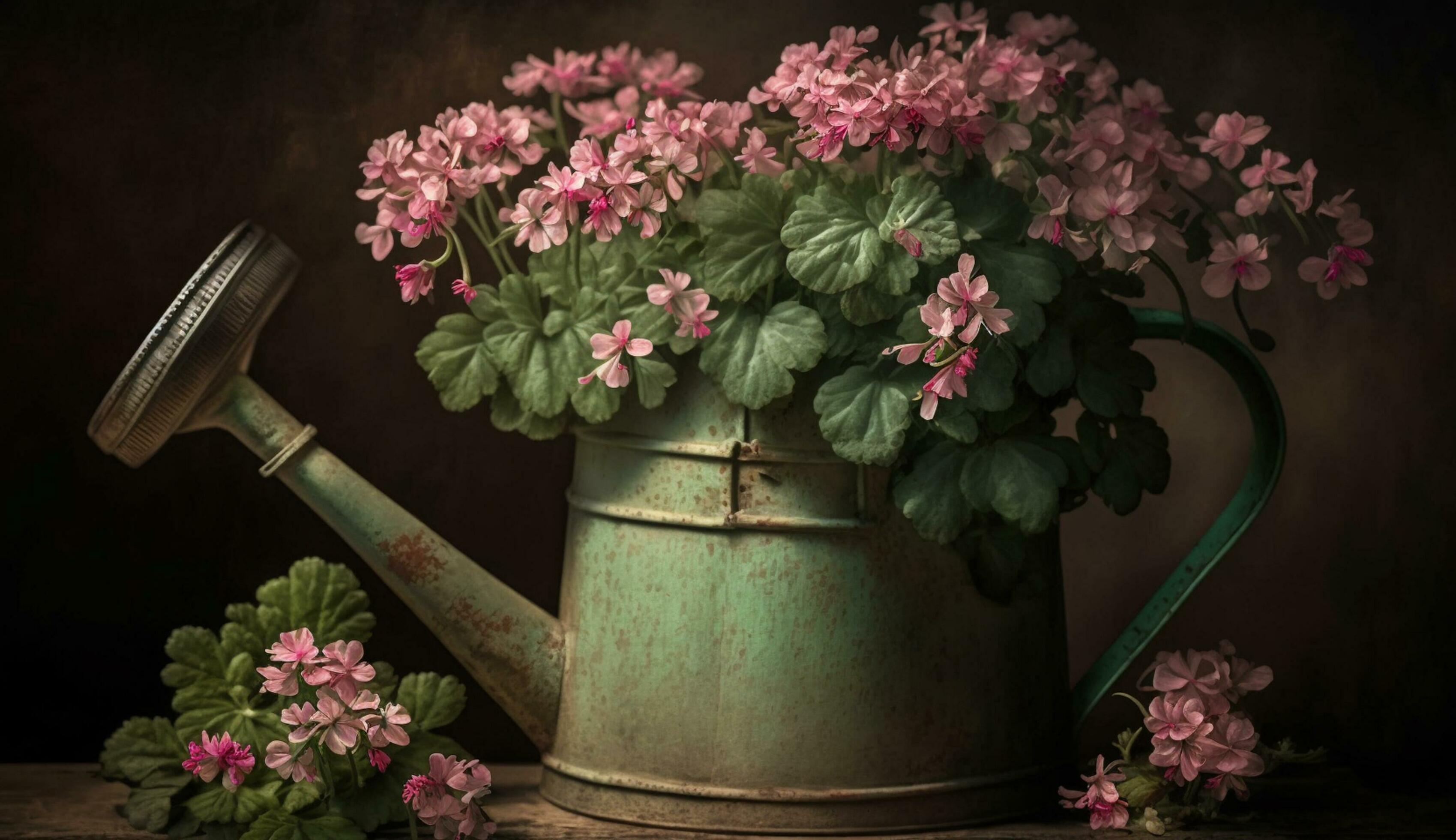 A pink flower pot and watering can generated by AI Stock Free