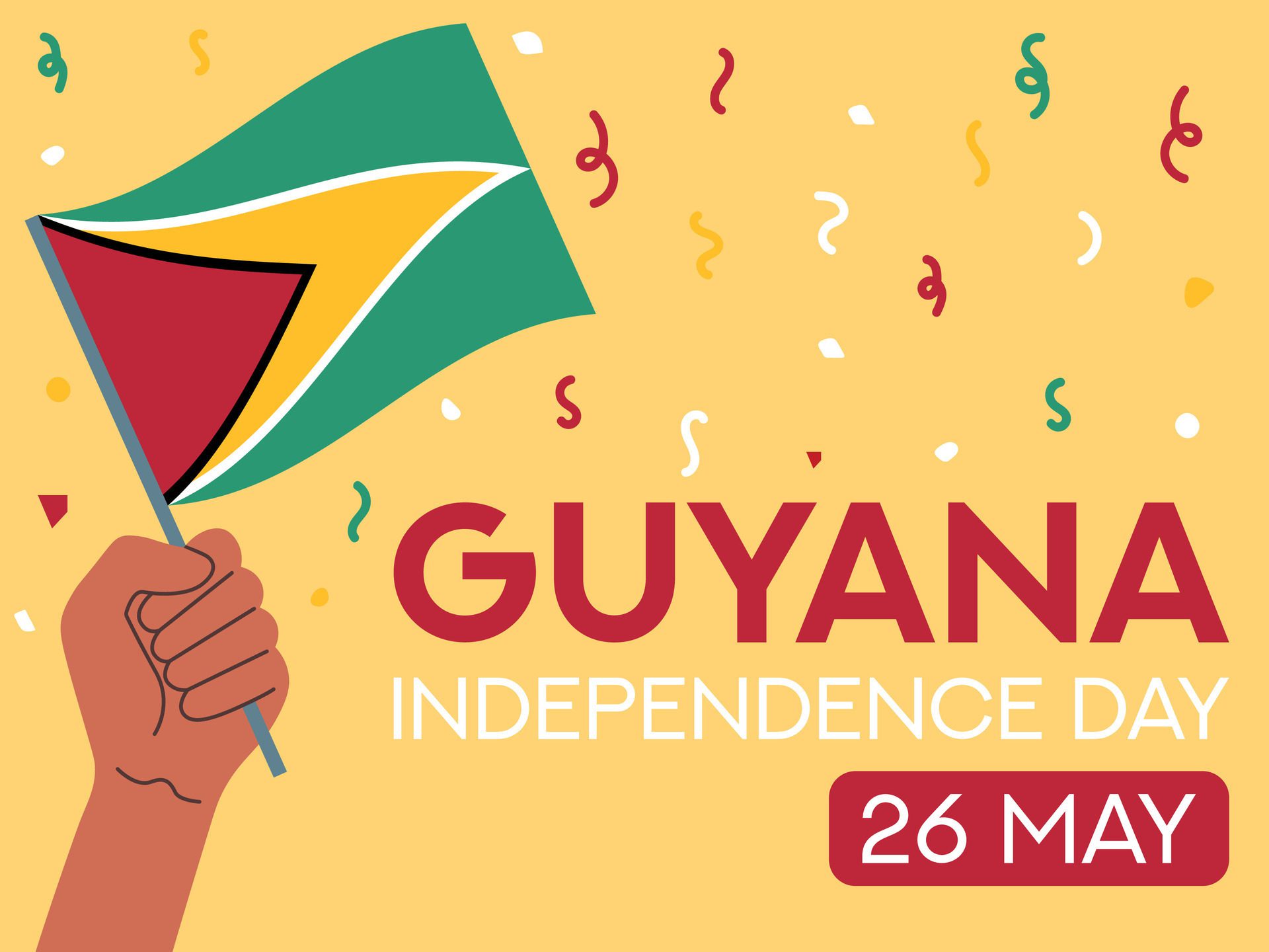 Guyana independence day 26 may. Guyana flag in hand. Greeting card, poster, banner template Free Vector