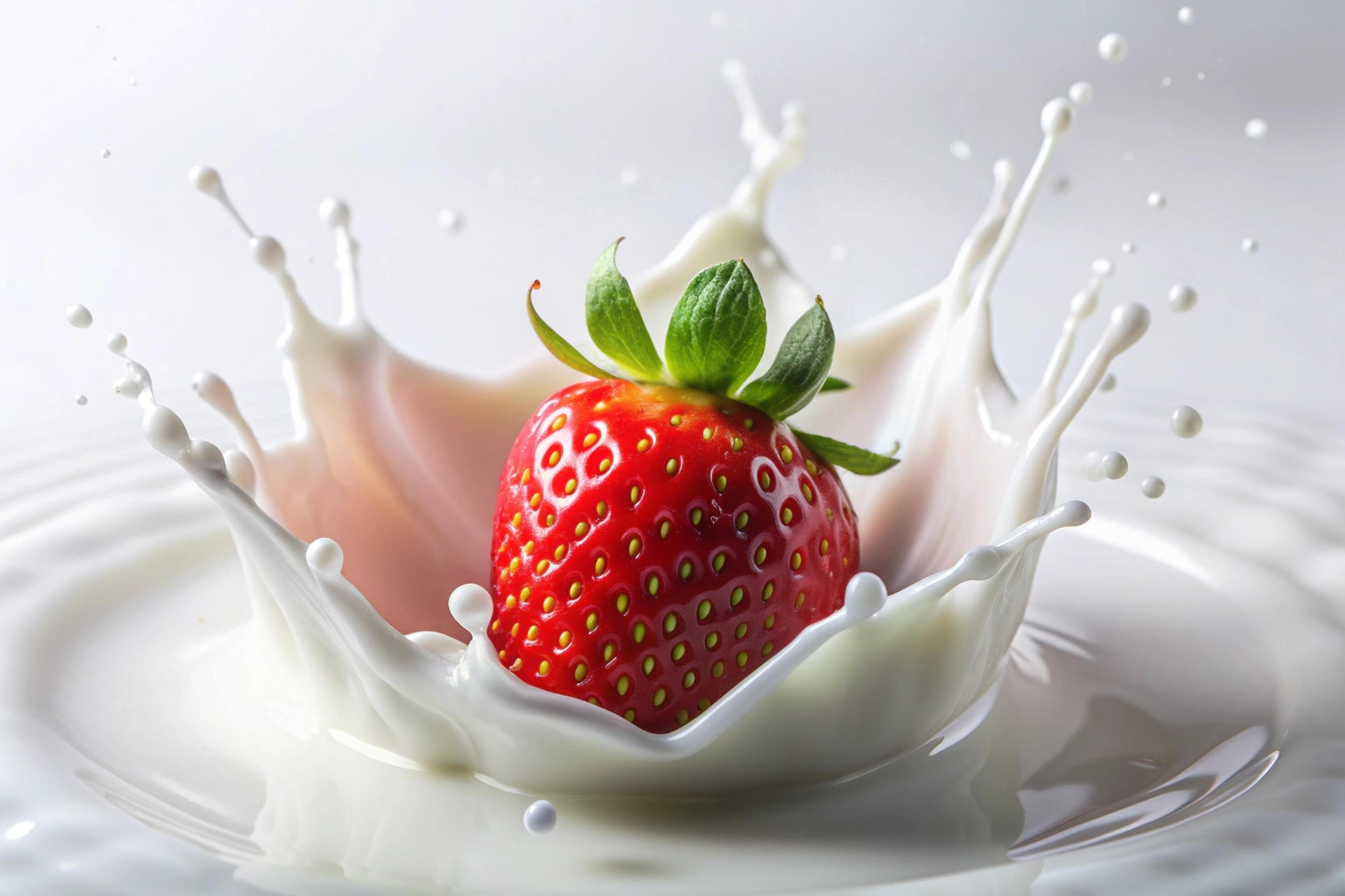 Milk splashes with strawberry on white background Stock Free