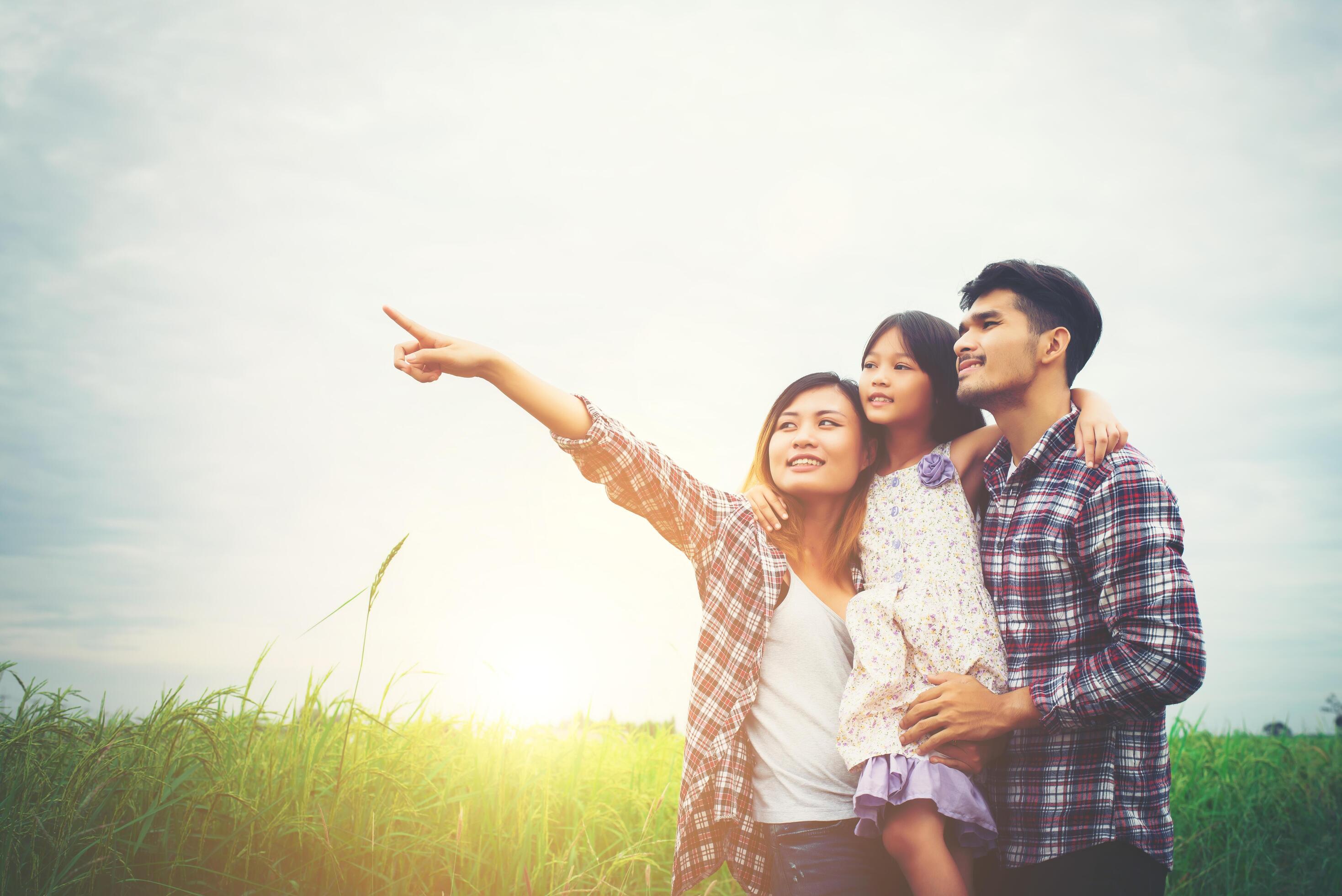 Family of mother, father and child on meadow, dad carrying the daughter. Stock Free