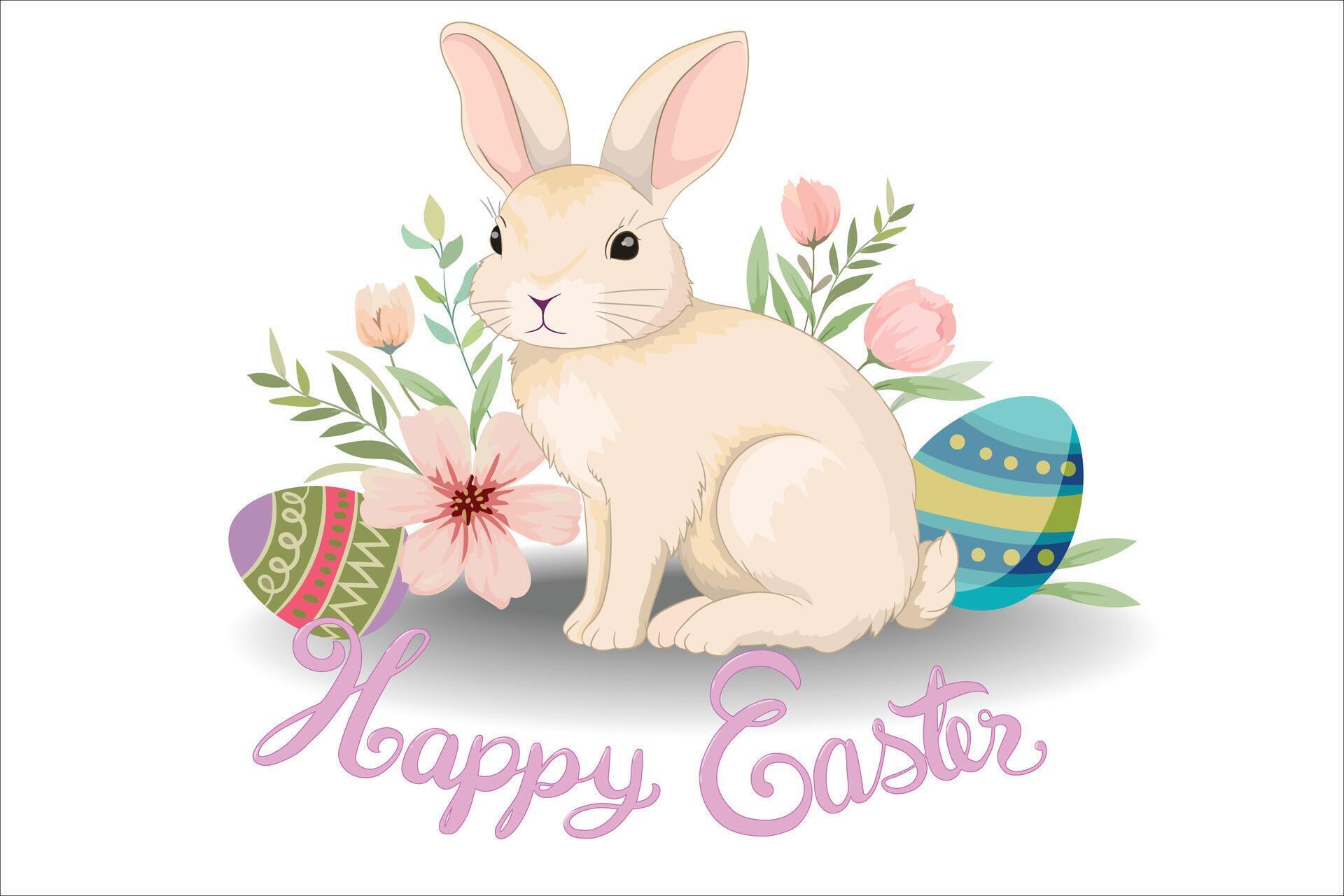 Cute Easter bunny with flowers for decoration. Stock Free