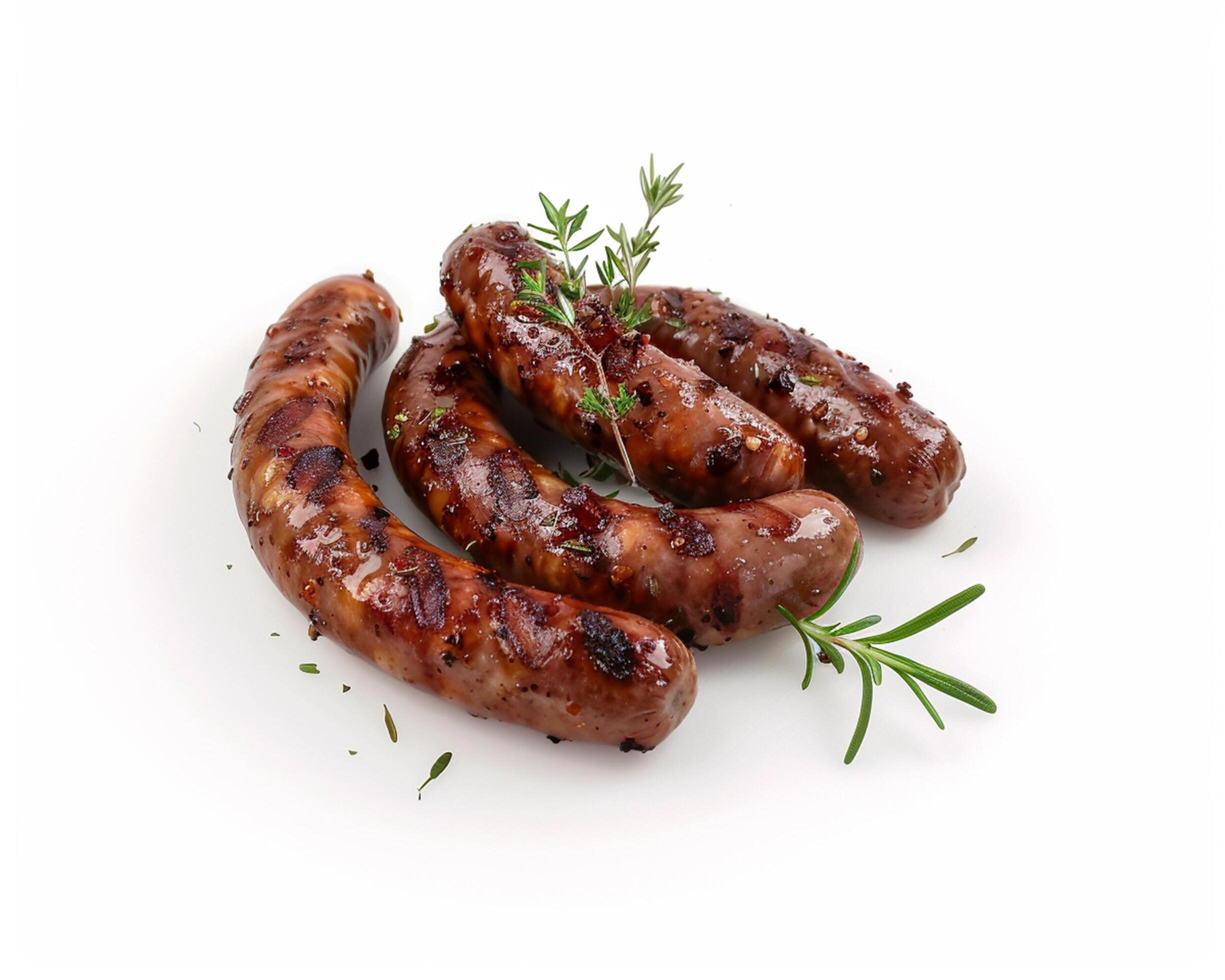 three sausages with herbs on a white background Stock Free