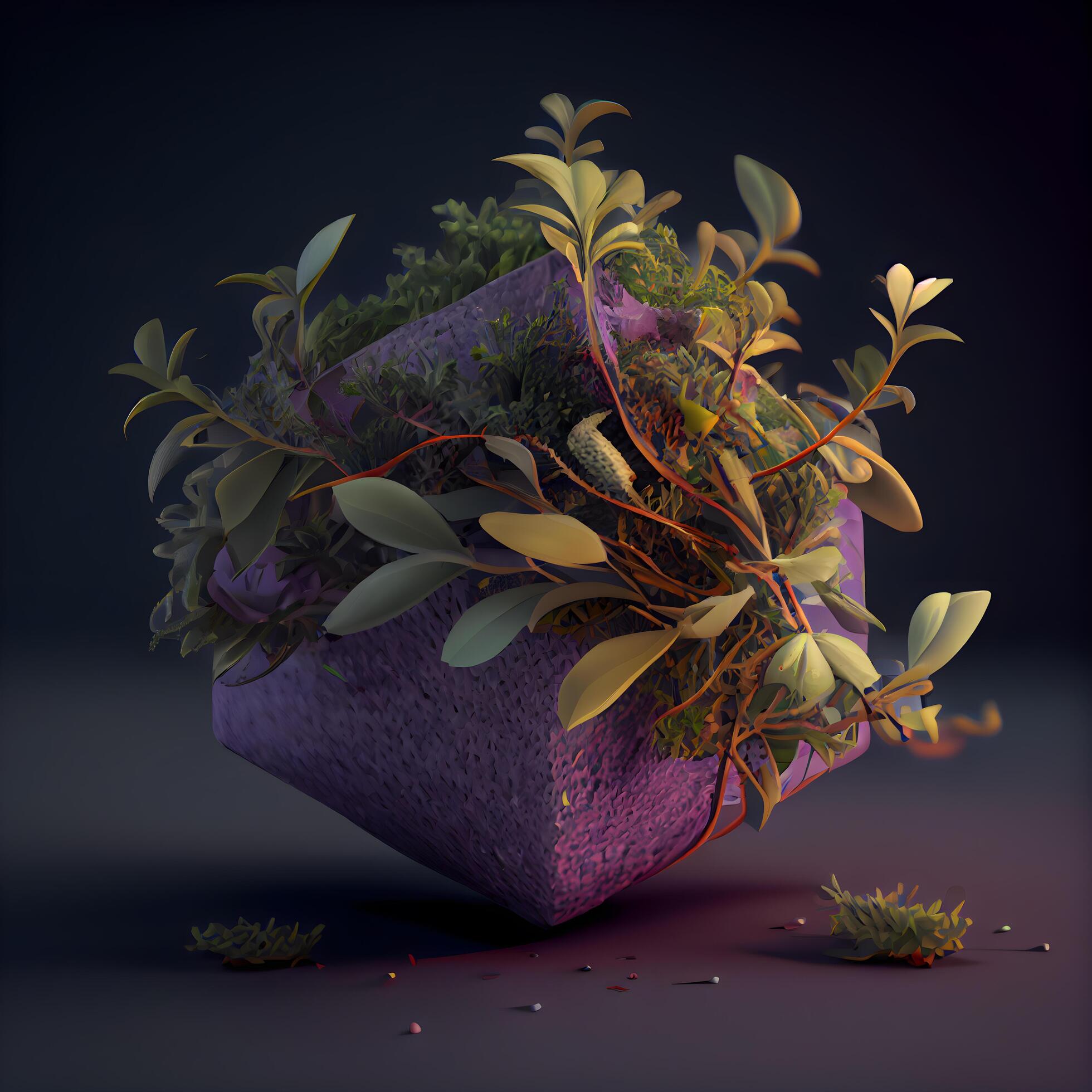 3D render of a small plant with purple flowers on a dark background Stock Free