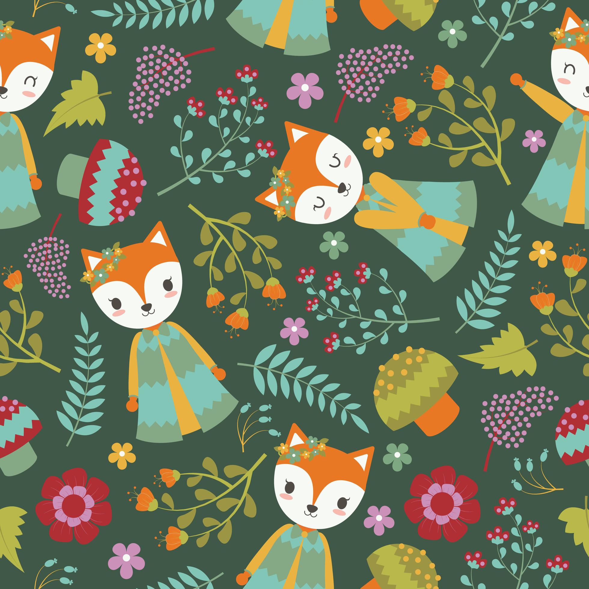 Cute Fox And Flowers Pattern Dark Background Stock Free