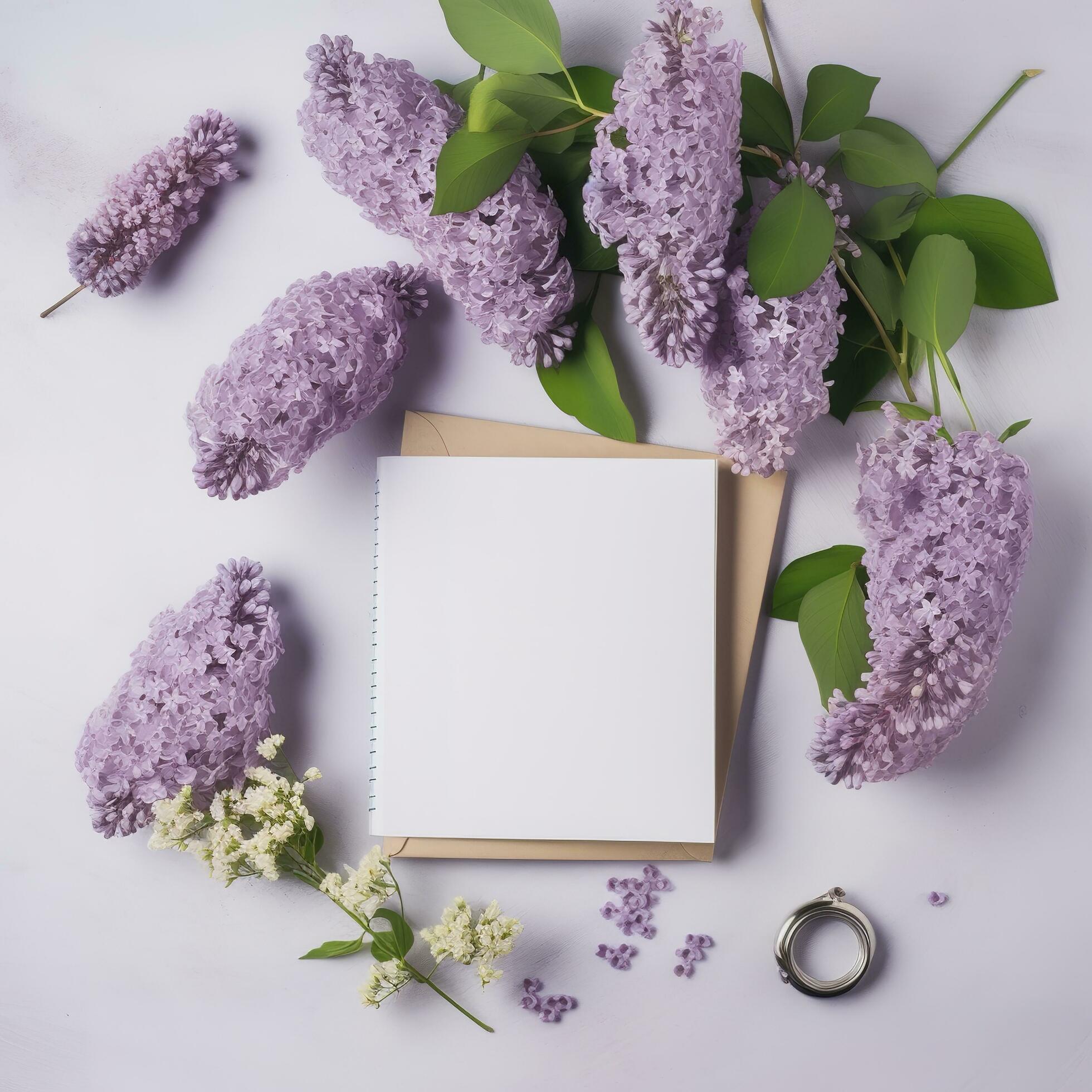 Flat lay with lilac and blank greeting card, flowers and book , generat ai Stock Free