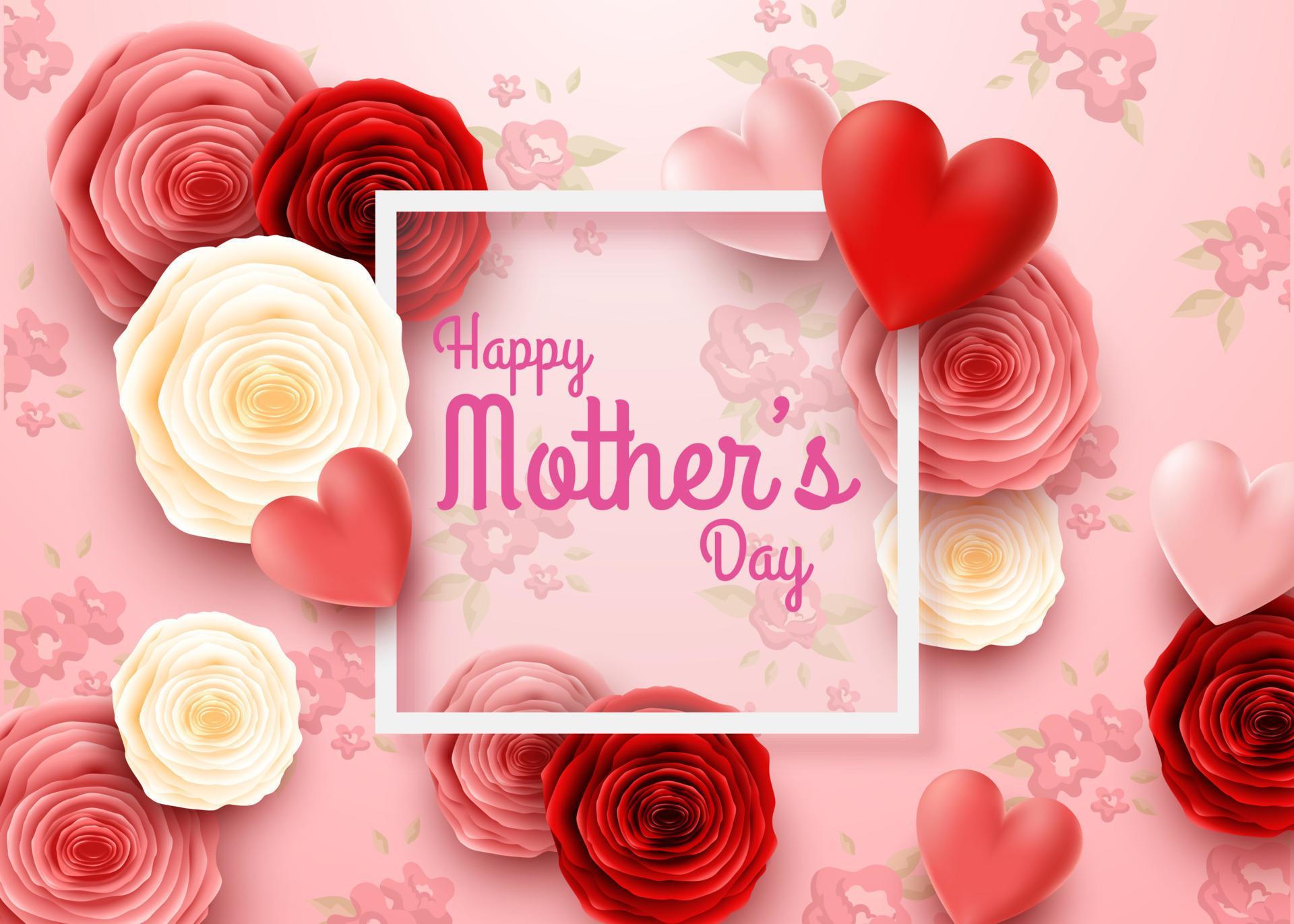 Happy Mother’s Day with rose flowers and hearts Stock Free