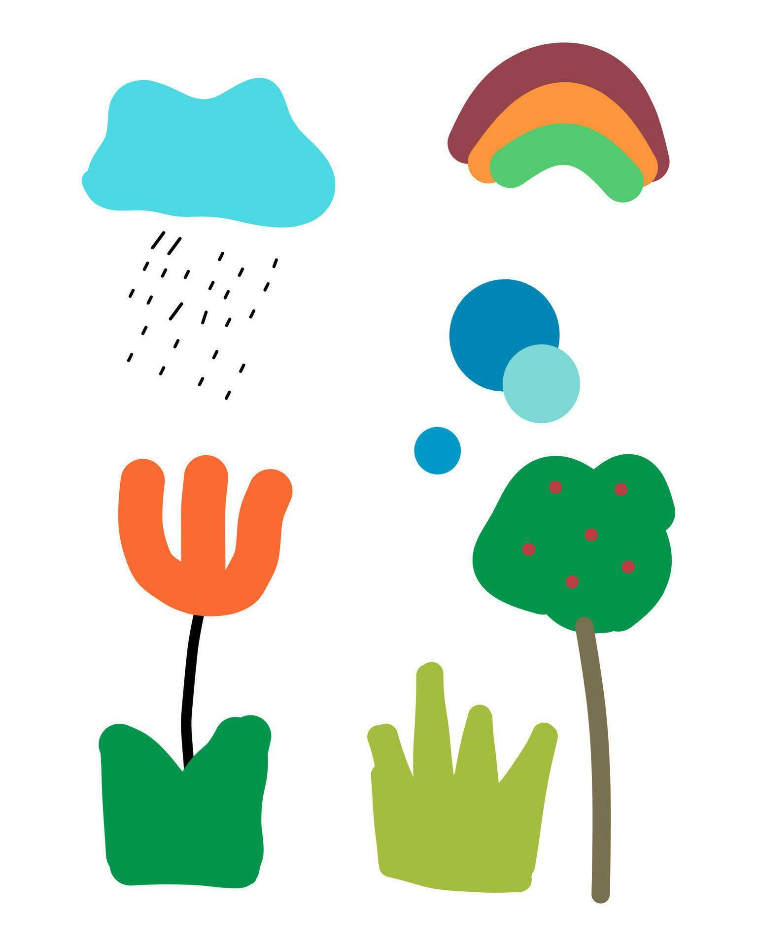 children draw trees, flowers. grass, rain, rainbow Stock Free