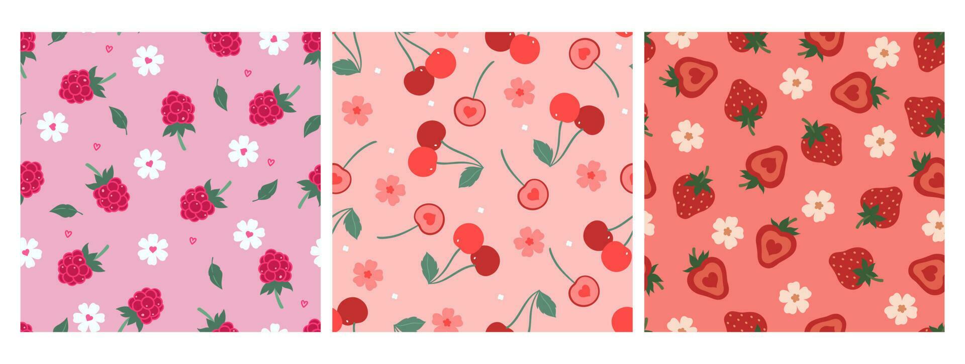 A set of simple patterns with berries and flowers. Vector graphics. Stock Free