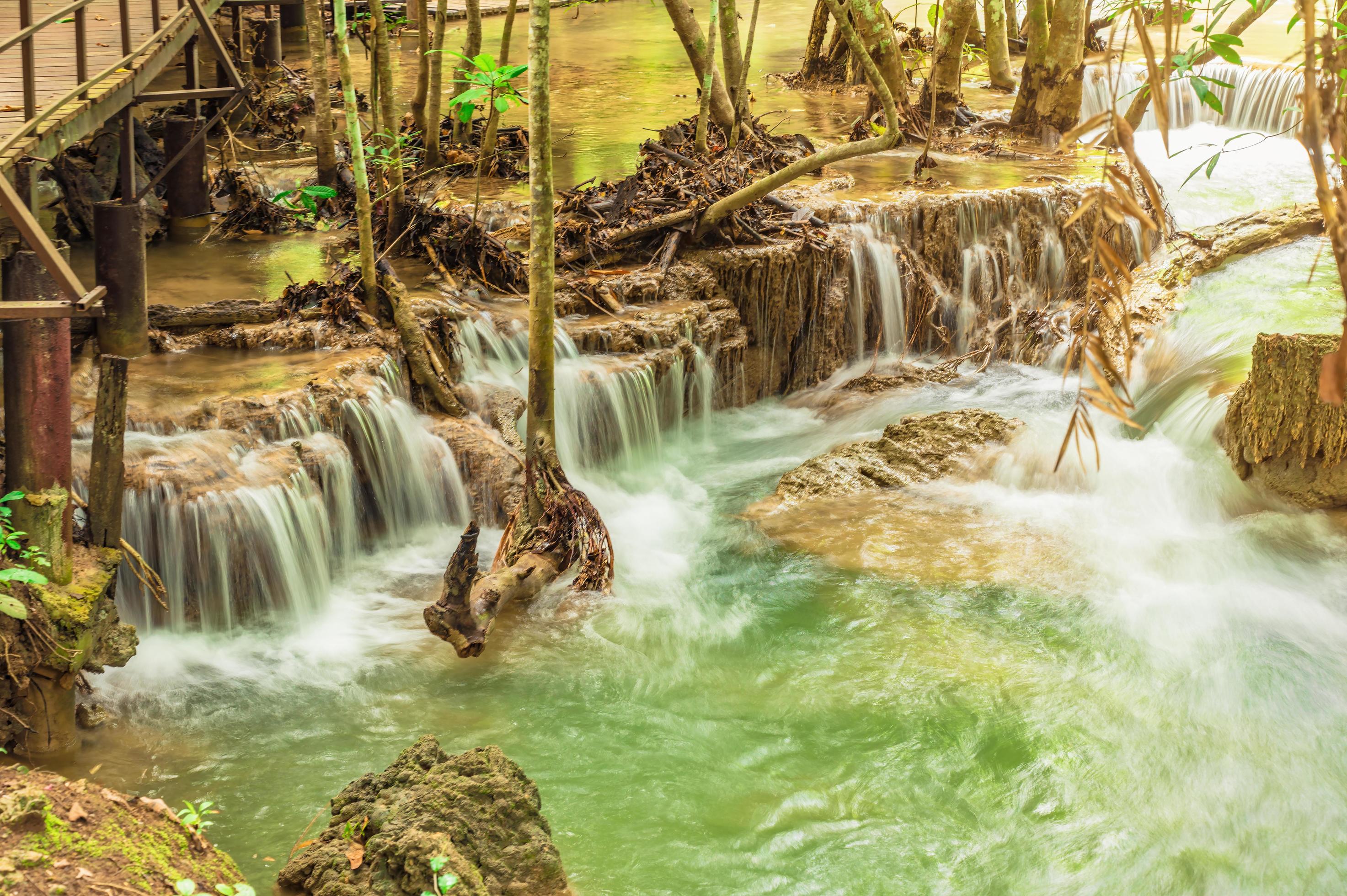 Landscape Waterfall of Huai mae khamin waterfall Srinakarin national park at Kanchanaburi thailand. Stock Free