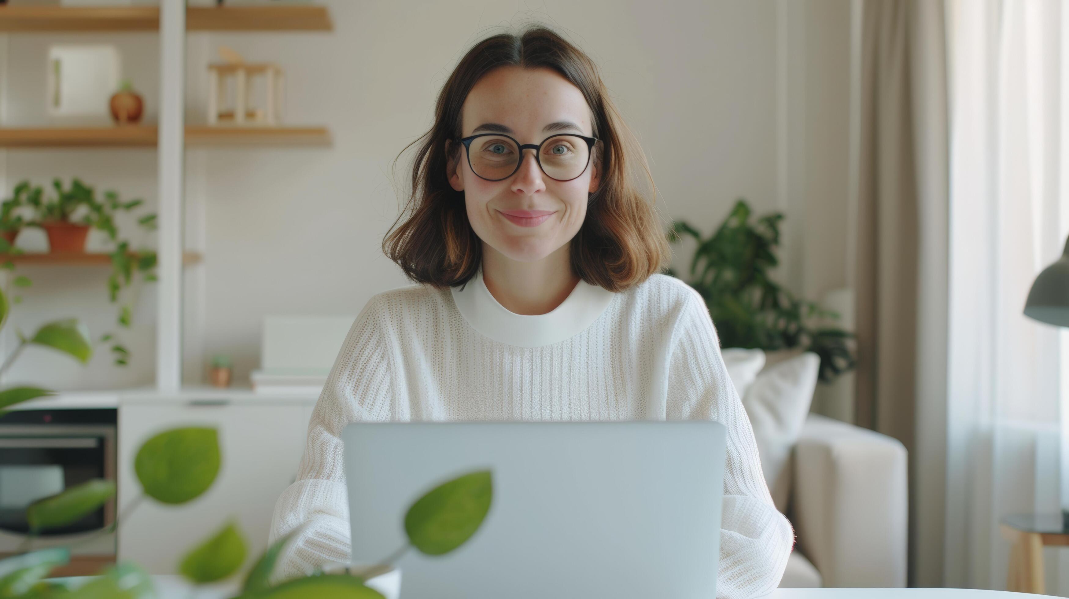 Woman with glasses working on a laptop at home. Cozy and modern workspace with plants and shelves in the background. Stock Free