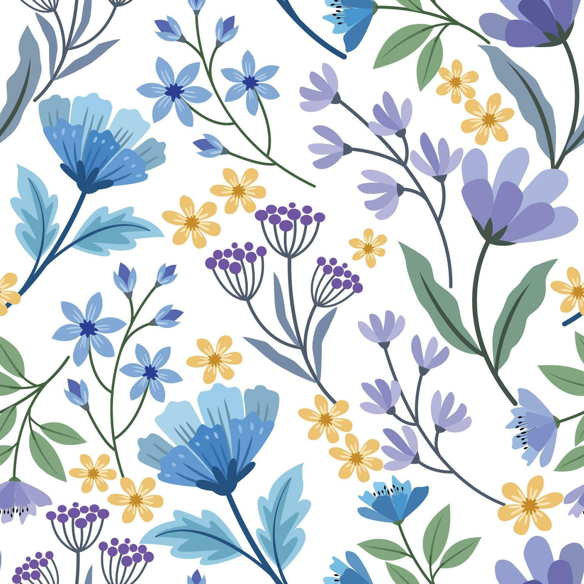 Cute blue purple and yellow flowers seamless pattern. Stock Free