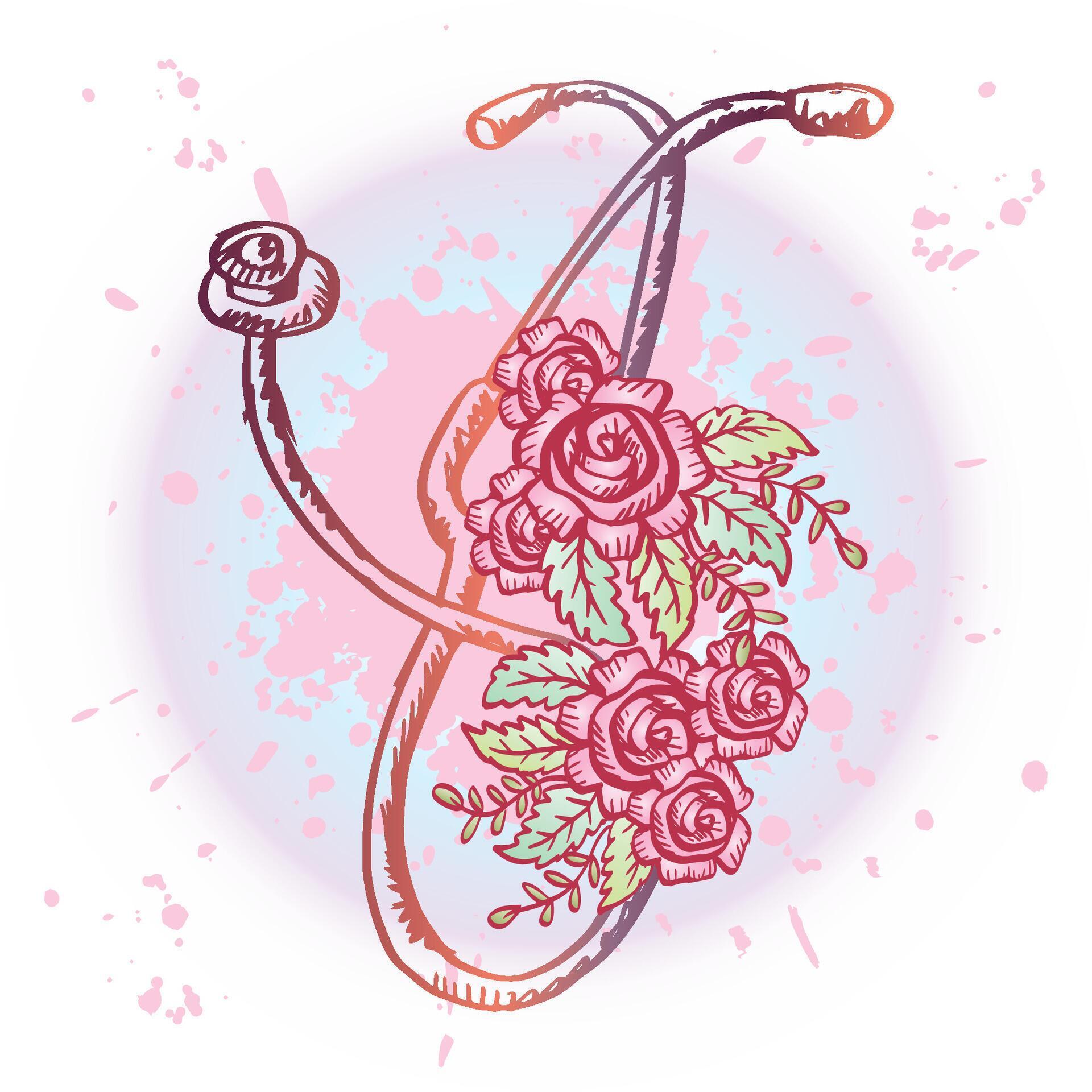 Doodle medical stethoscope with rose flower Stock Free