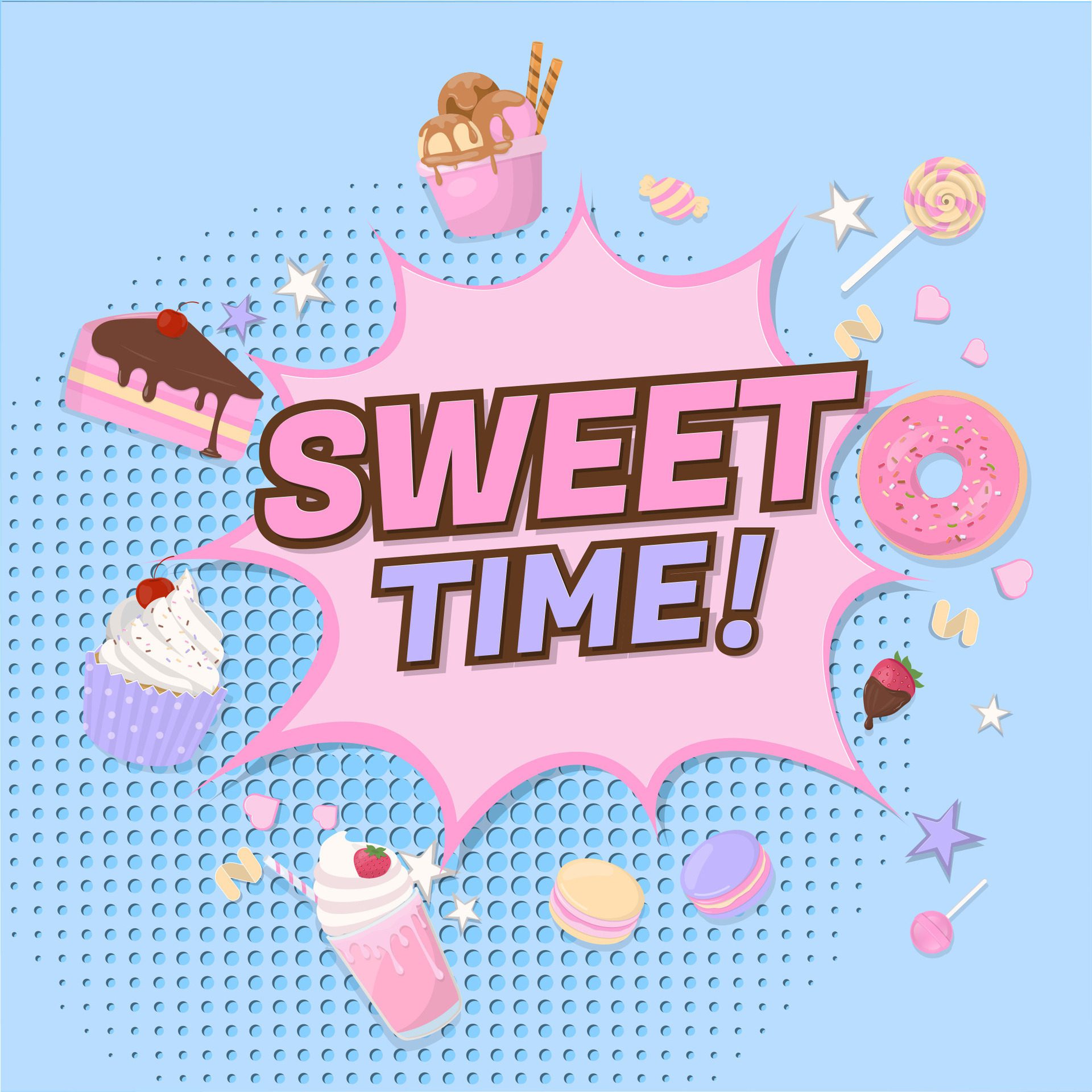 Sweet time banner and dessert on blue background Free Vector