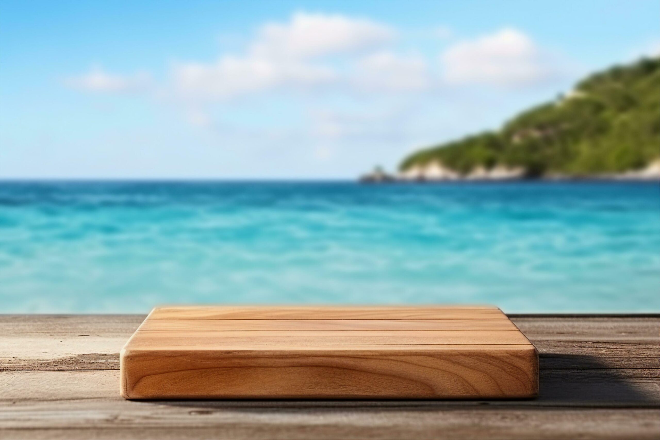 Wooden table with a podium and free space for your products. Summer holiday day and seascape. generative ai. Free Photo