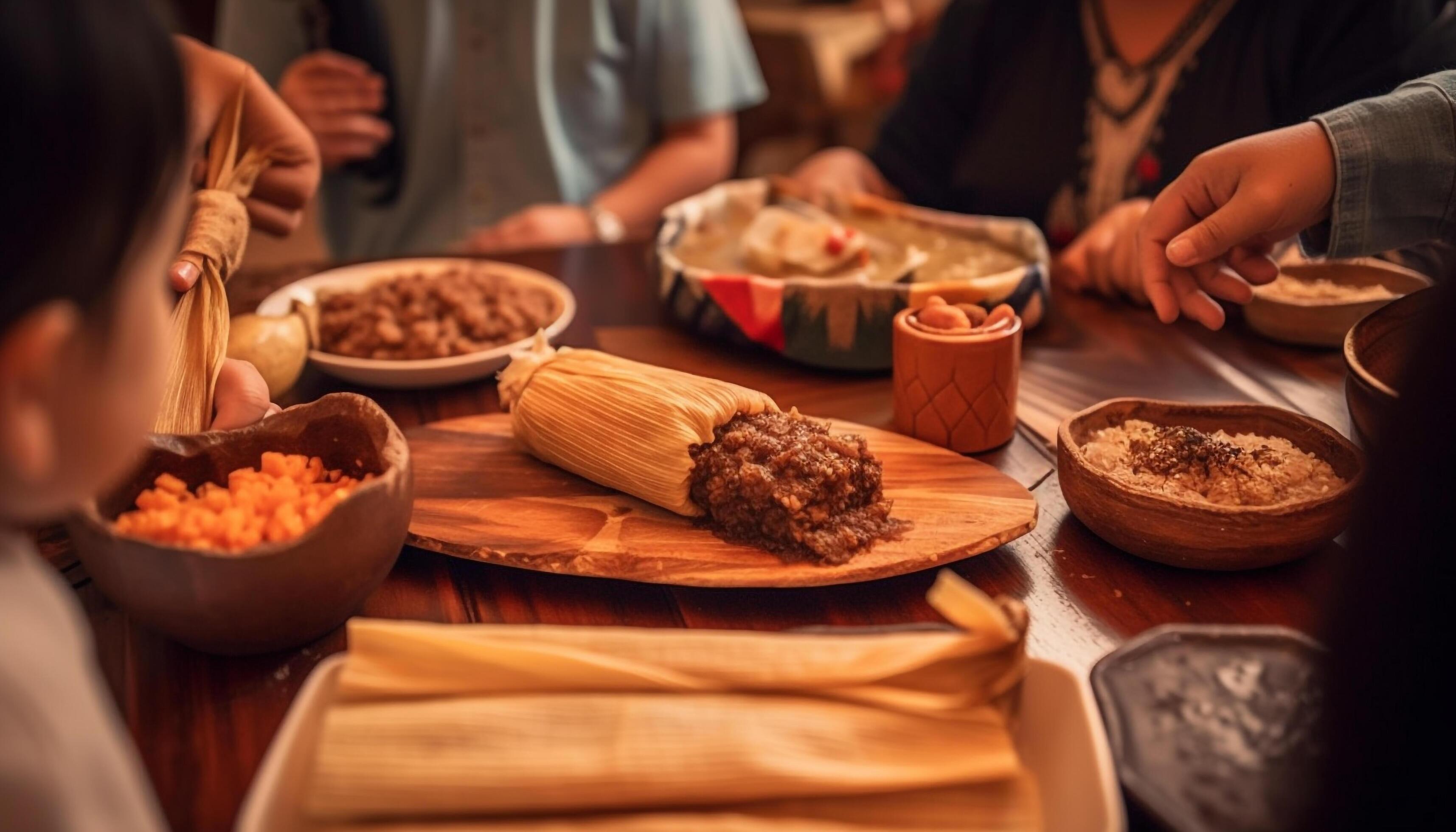 Wooden table, homemade meal, happy family togetherness generated by AI Stock Free