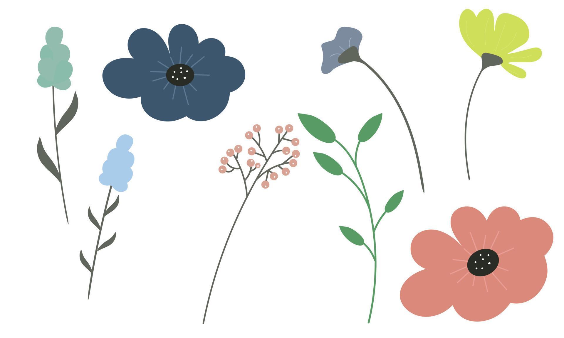 Set of flowers and leaves in a hand-drawn style Stock Free