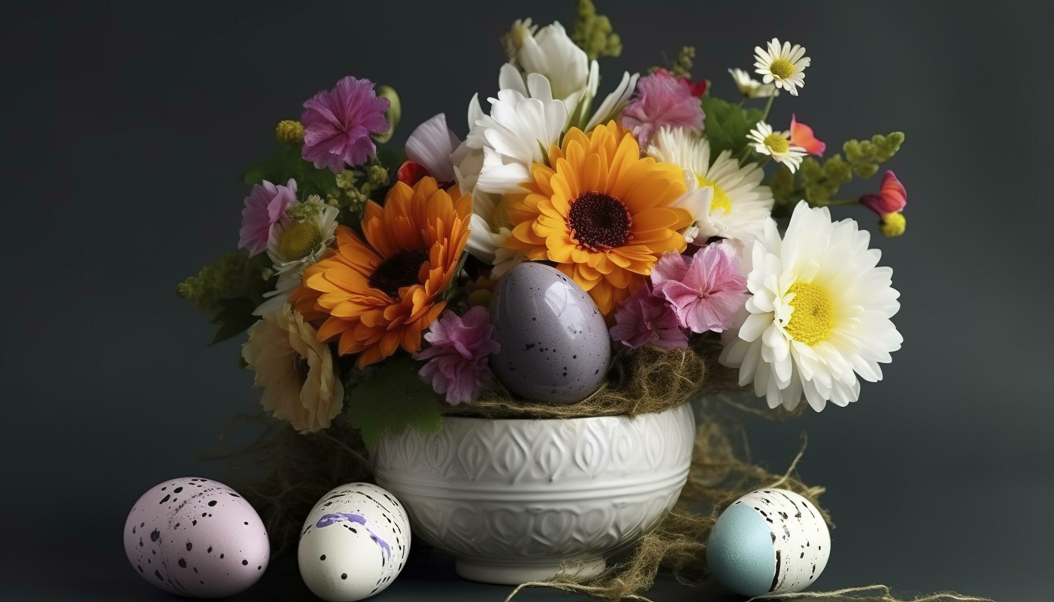 Easter Egg Decoration With Flower Bouquet, generate ai Stock Free