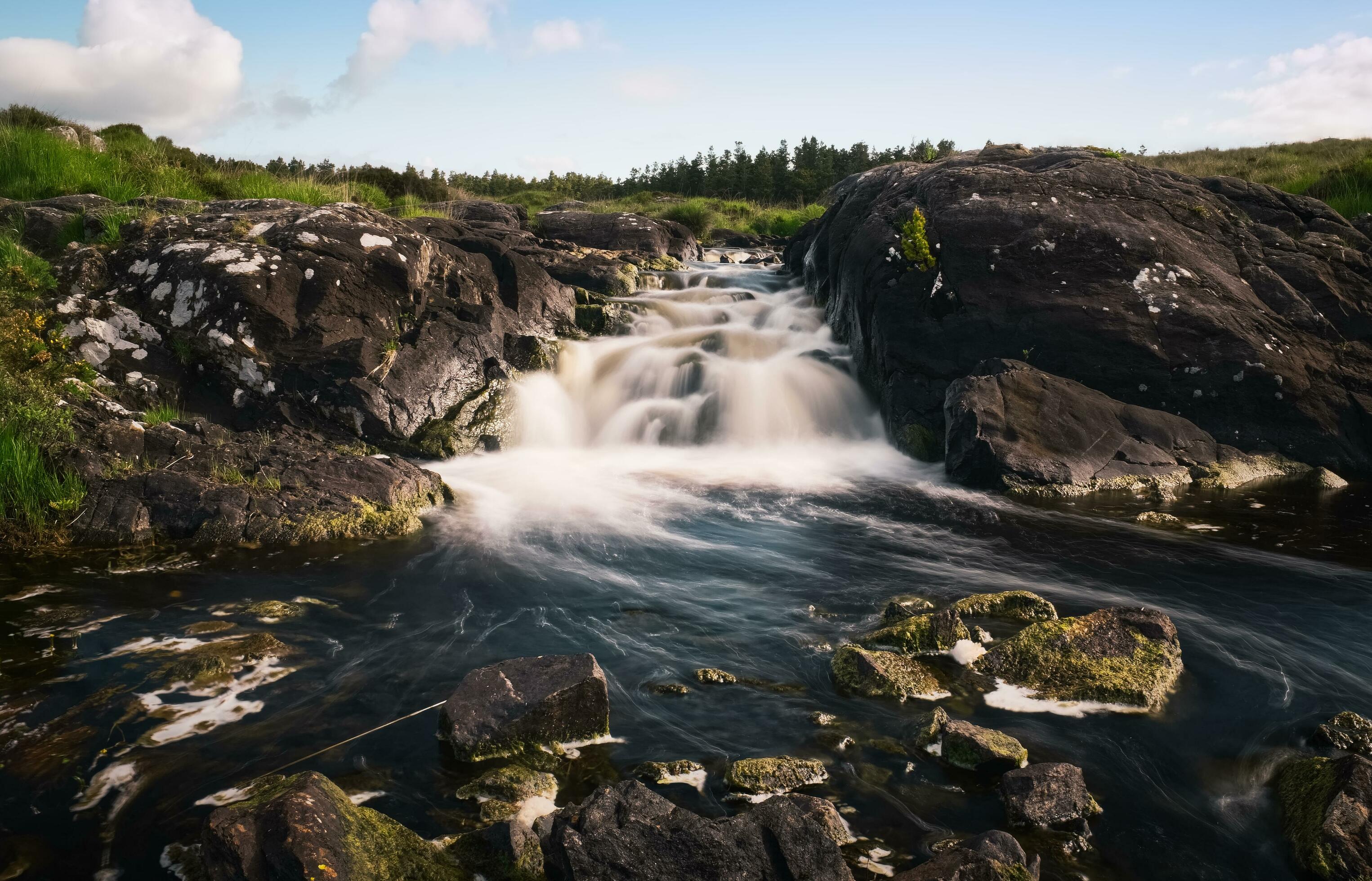 Beautiful nature scenery with waterfall on river Screebe at Connemara National park in County Galway, Ireland Stock Free