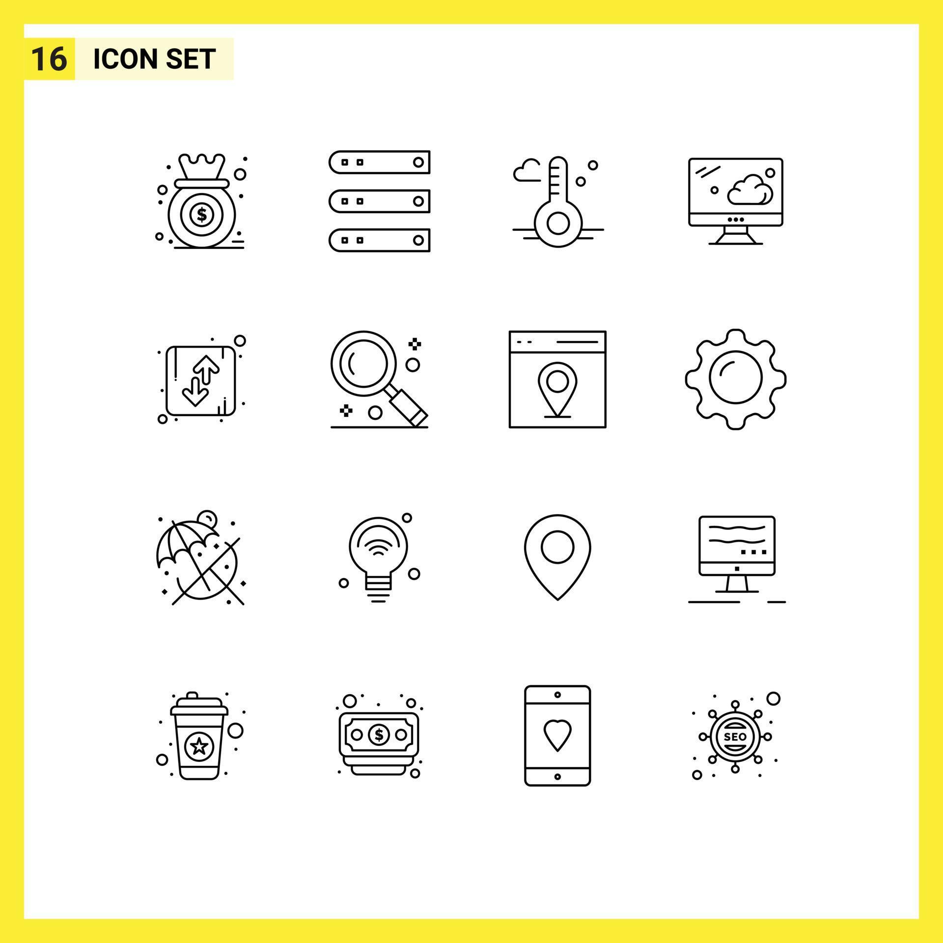 Modern Set of 16 Outlines Pictograph of arrow monitor network cloud weather Editable Vector Design Elements Stock Free