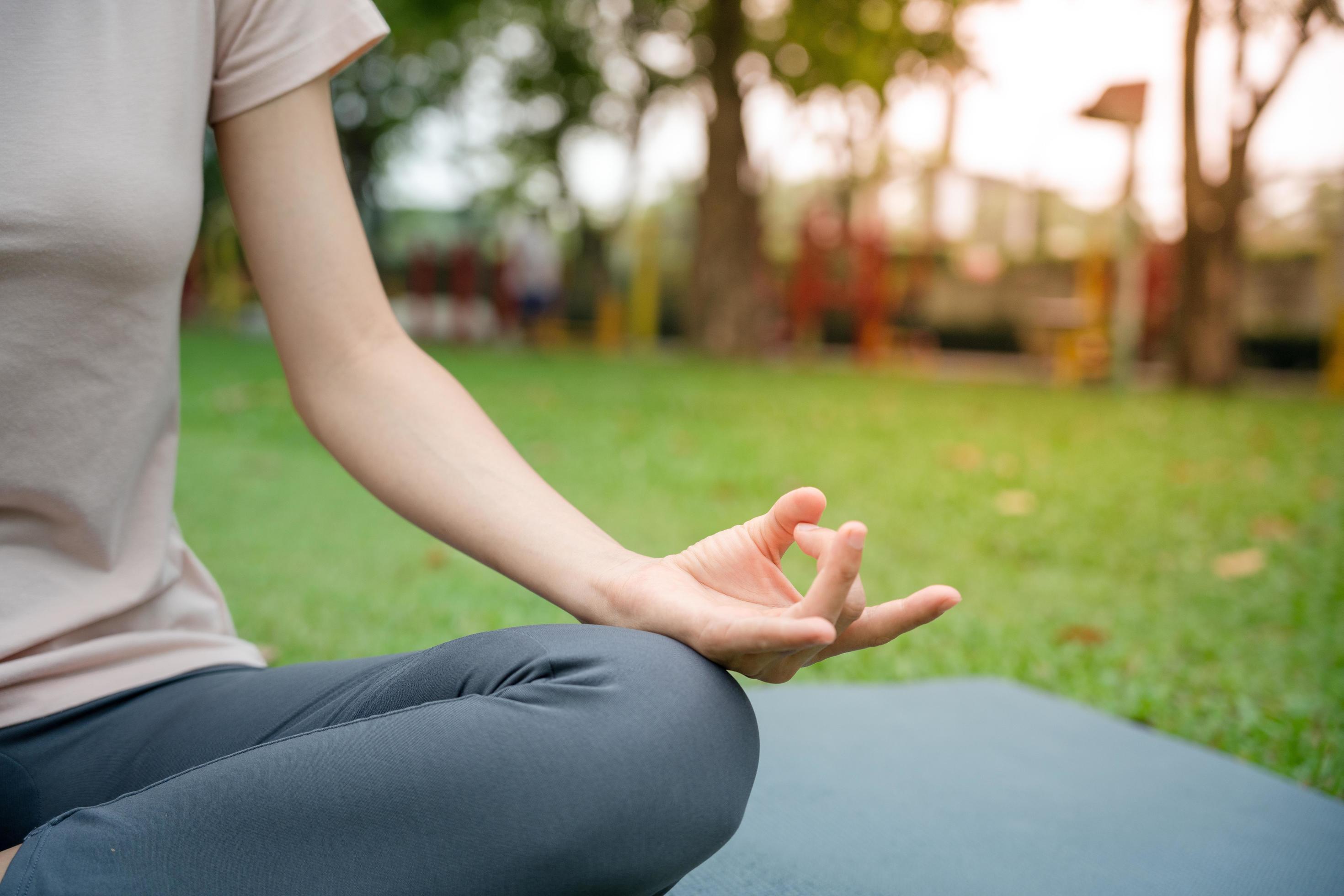 Young slim woman practicing yoga at park. girl doing exercises in morning. balance, meditation, relaxation, healthy lifestyle concept Stock Free