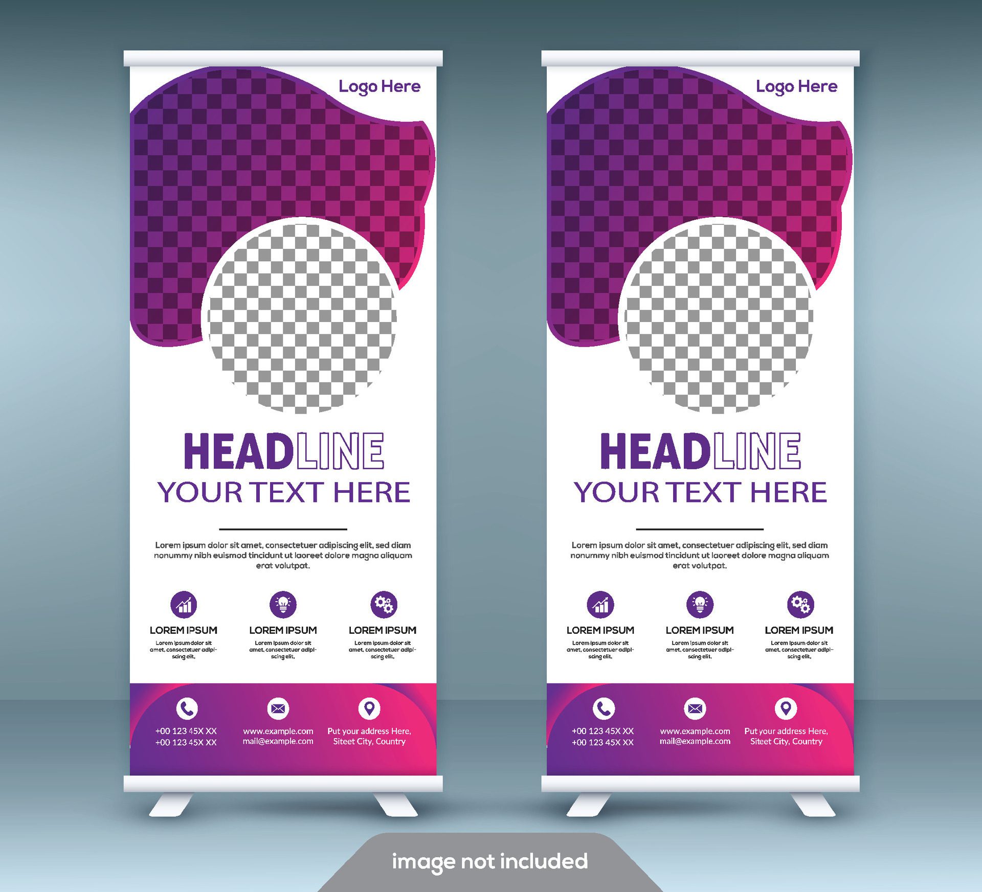 Roll up banner stand template design. Vertical banner template. Universal stand for conference, seminar, exhibitions Free Vector