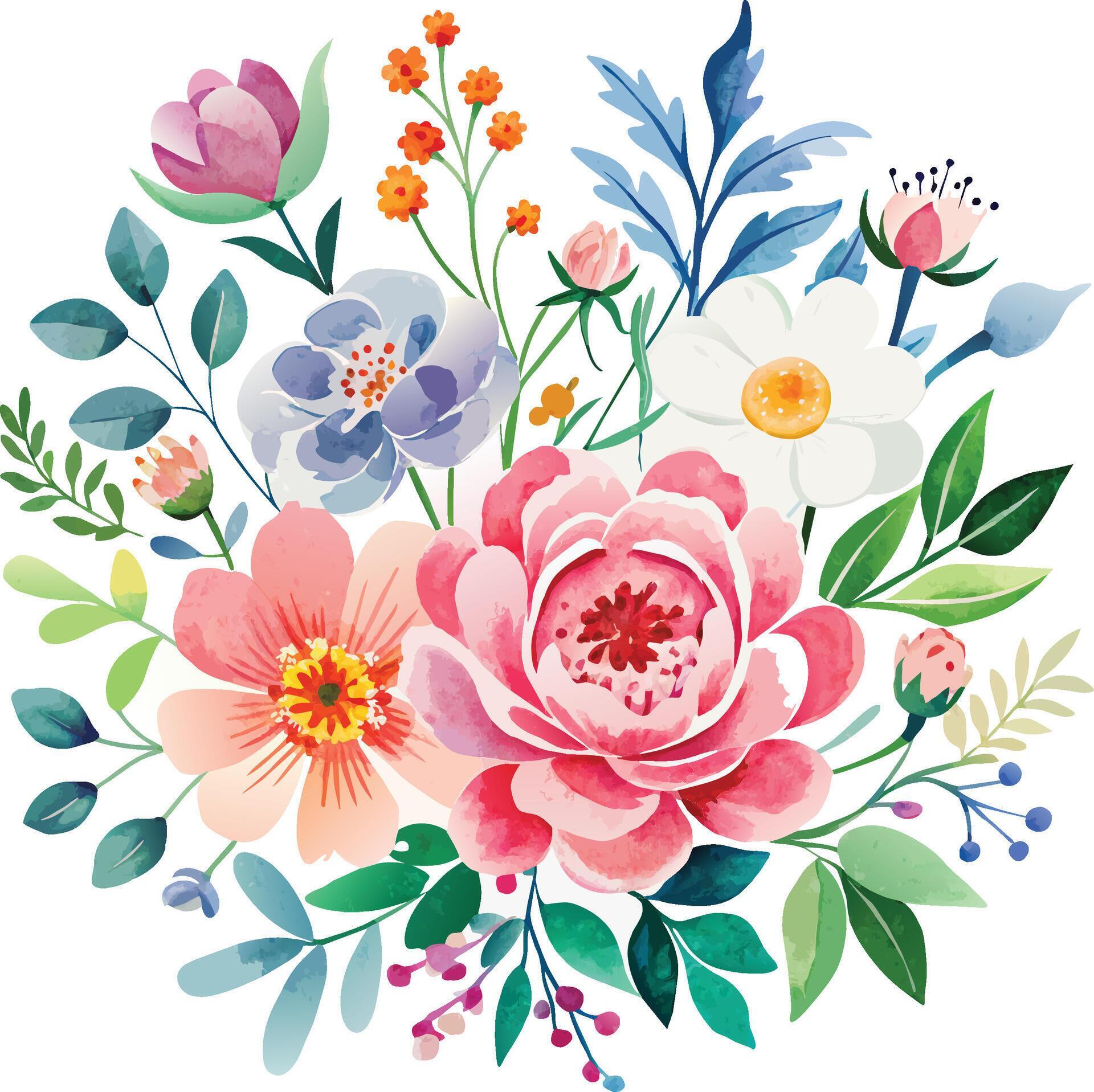 Watercolor floral bouquet with flowers and leaves. Vector illustration. Stock Free