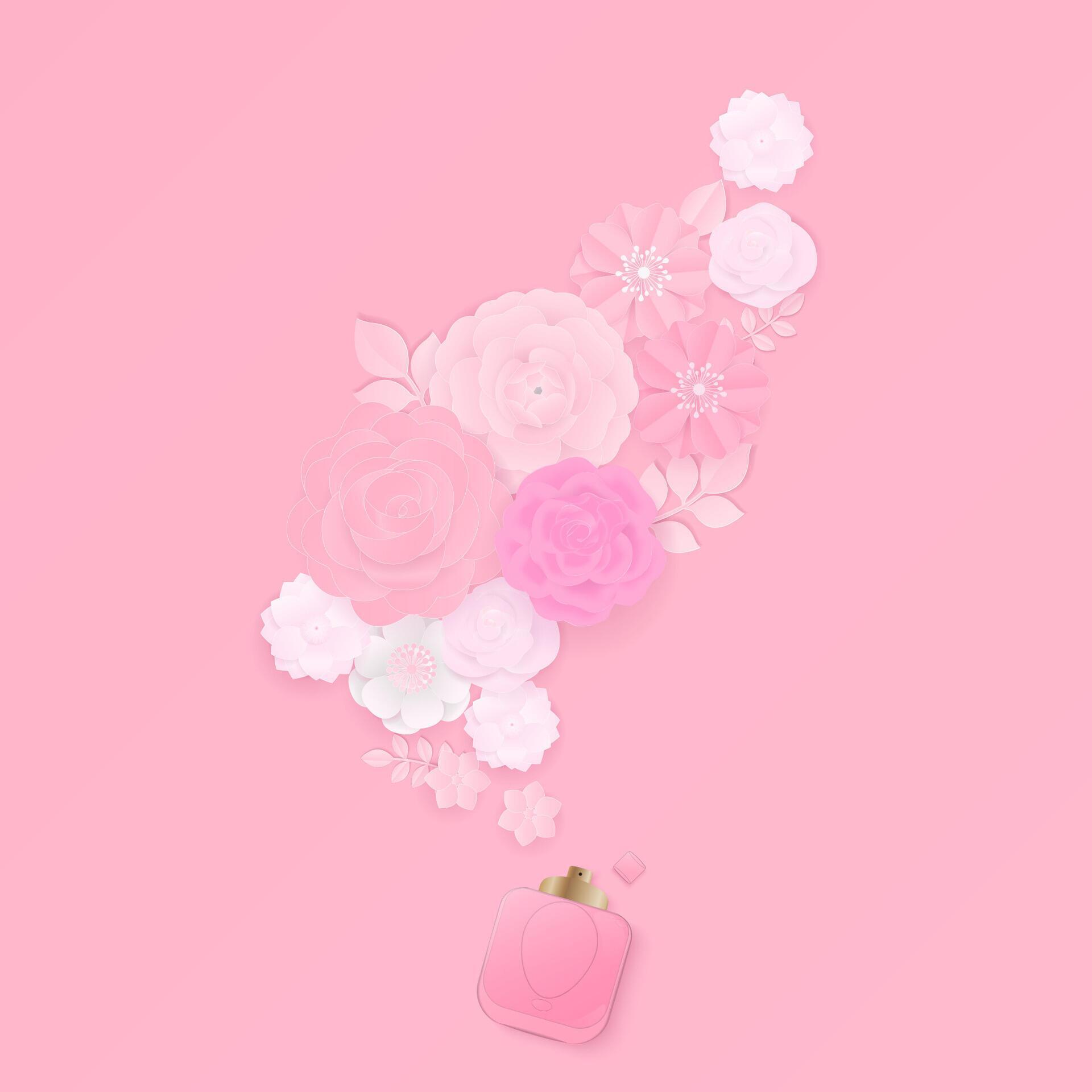 Paper flowers set with perfume on pink background Stock Free