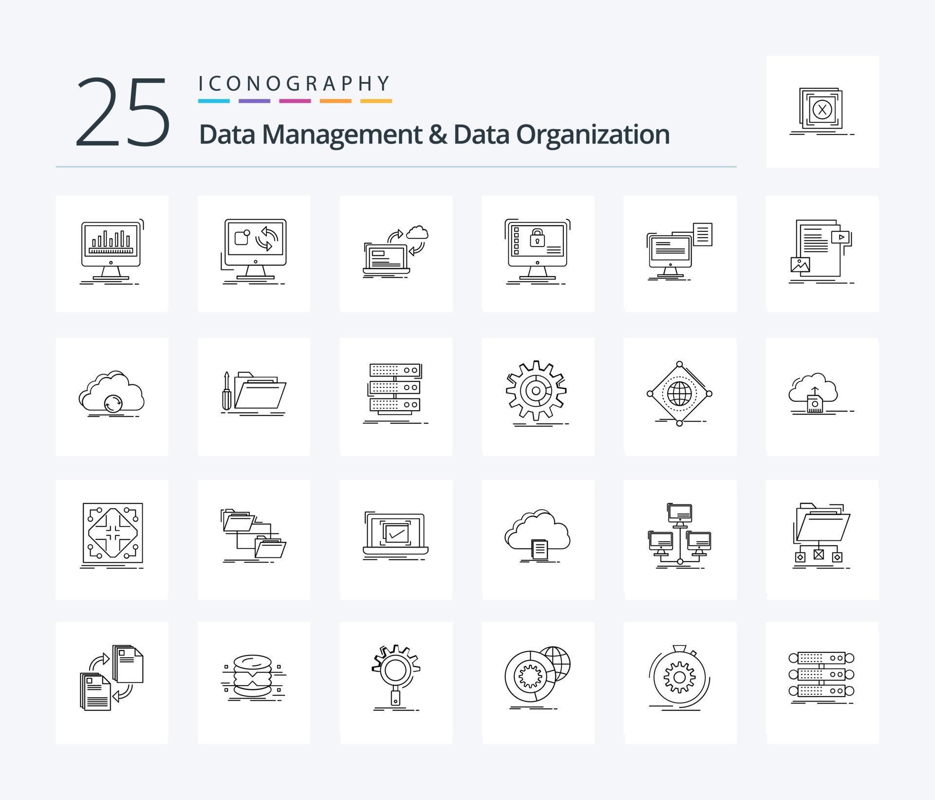 Data Management And Data Organization 25 Line icon pack including safe. secure. install. arrows. data Stock Free