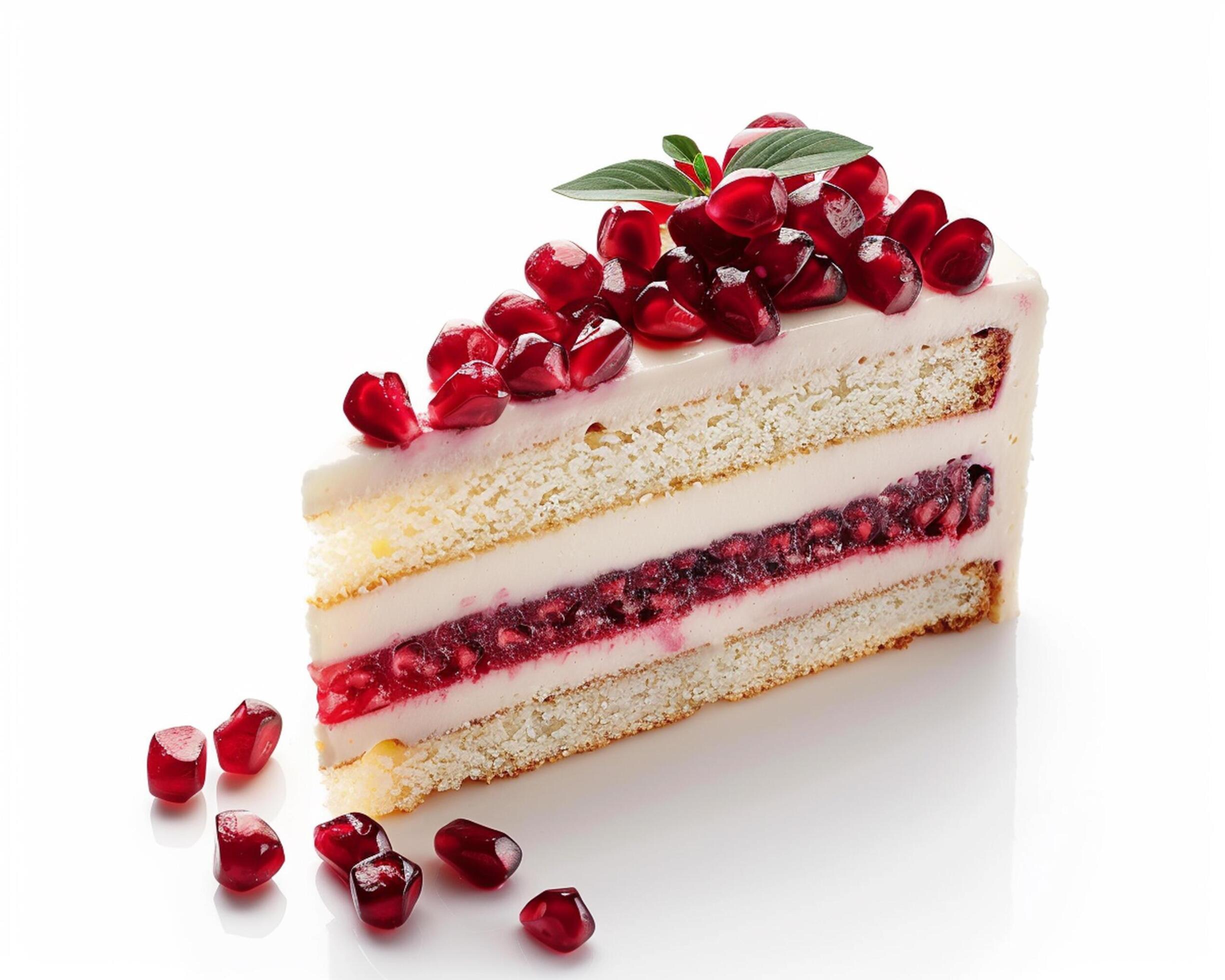 a slice of cake with pomegranate on top Stock Free