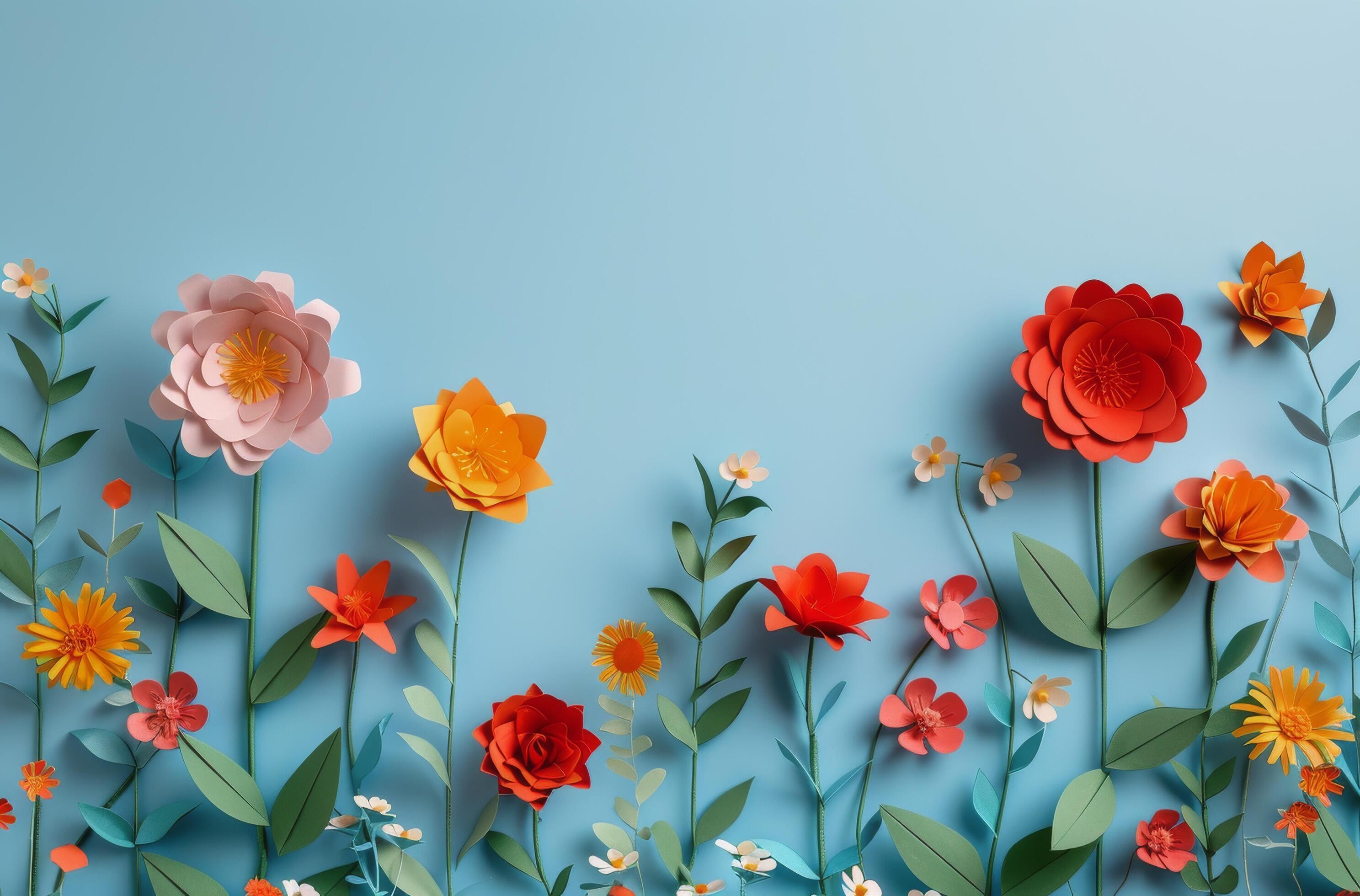 Paper Flower Garden Against Blue Background Stock Free