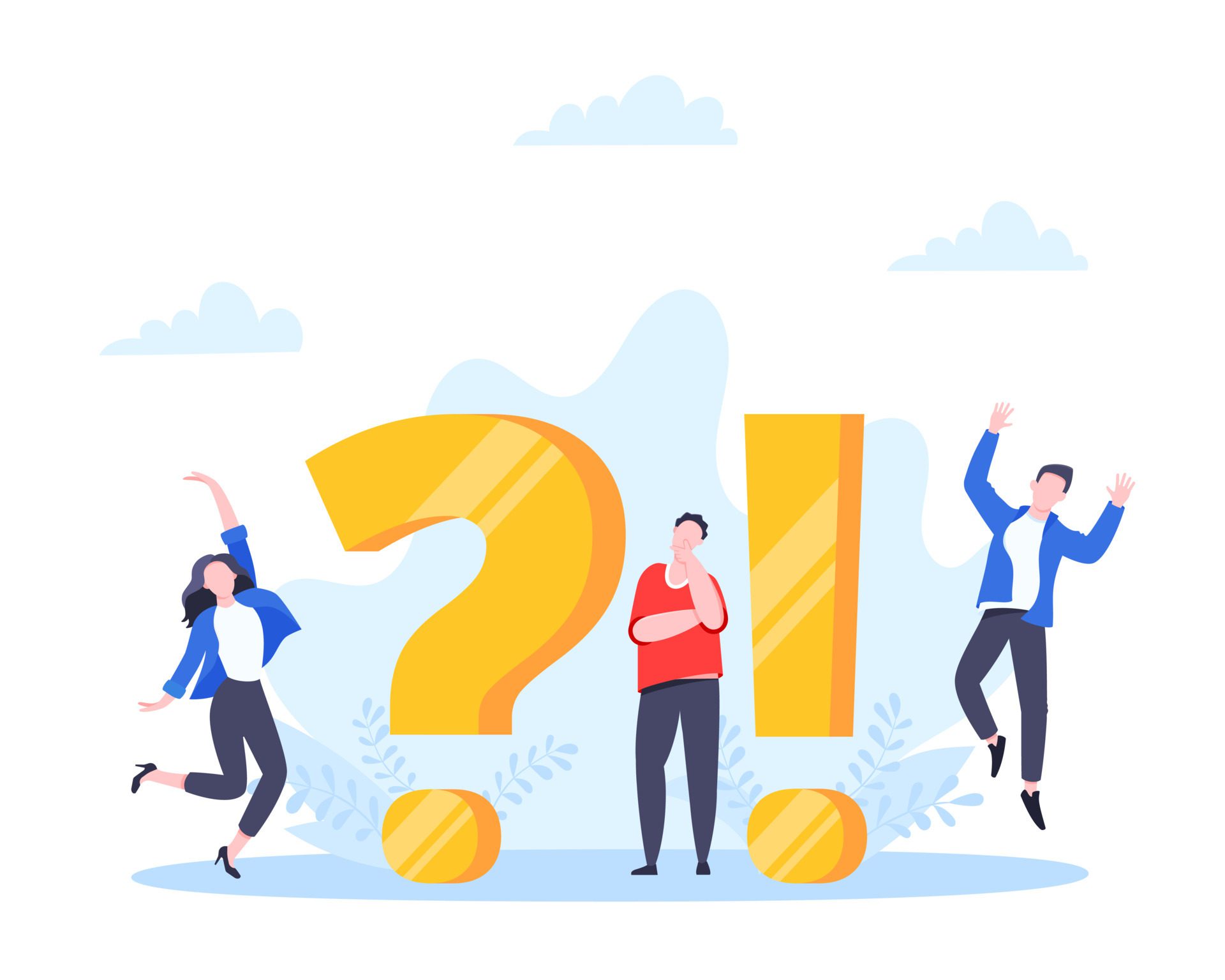 Q and A or FAQ concept with tiny people characters, big question and exclamation mark. Free Vector