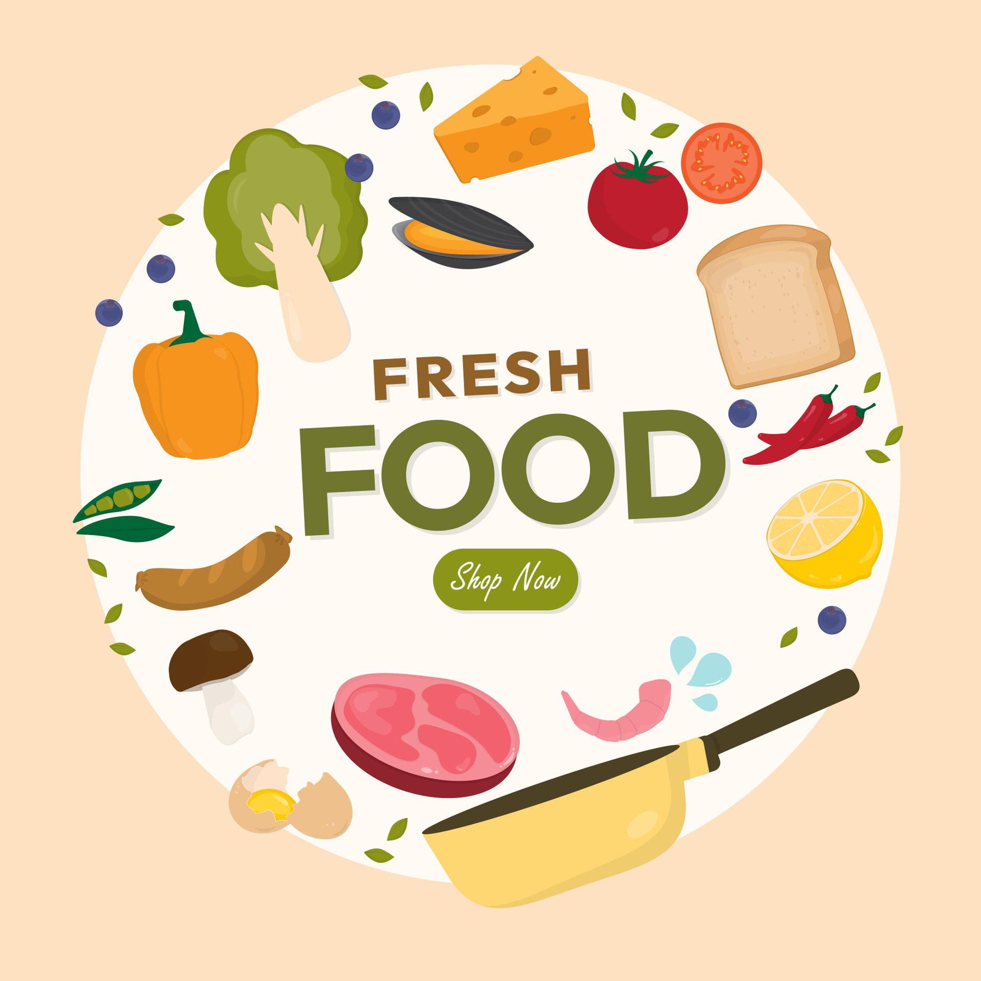 Fresh food banner with ingredient and frying pan Free Vector