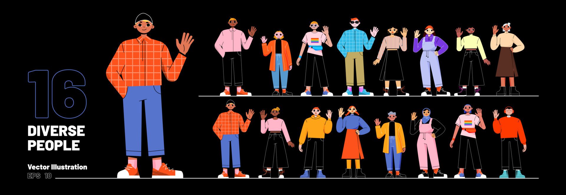 Big set of 16 diverse people isolated on black Free Vector