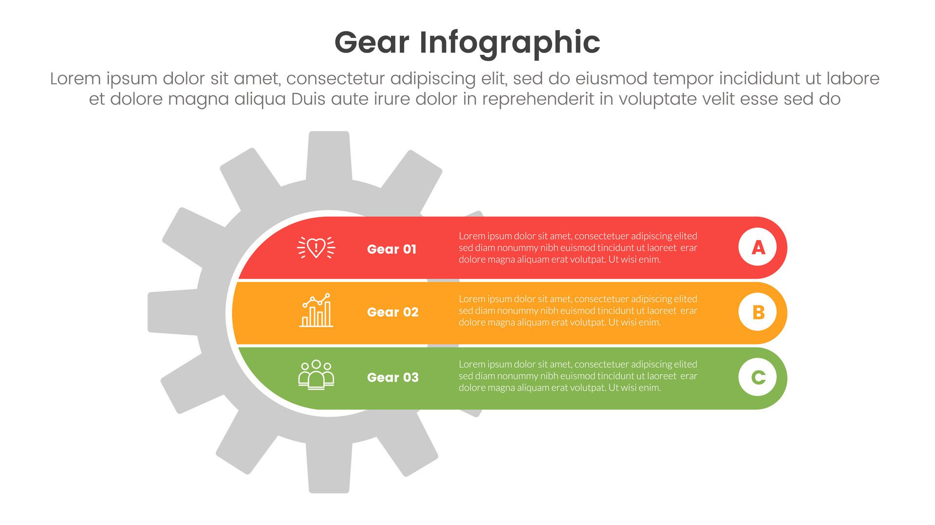 gear cogwheel infographic template banner with round rectangle through gear with 3 point list information for slide presentation Free Vector