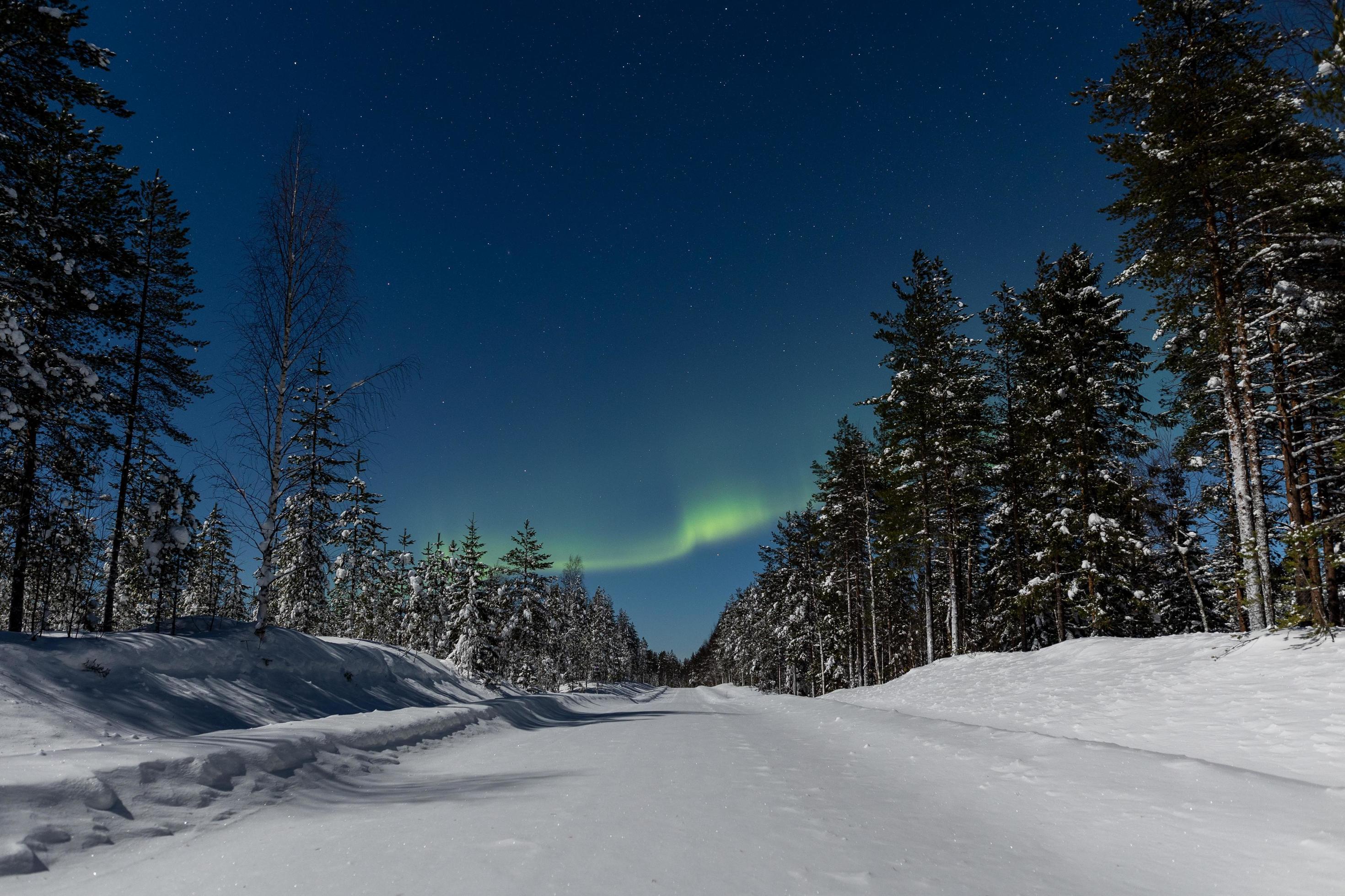 Beautiful northern light aka aurora borealis and moonlit winter landscape in Finland Stock Free