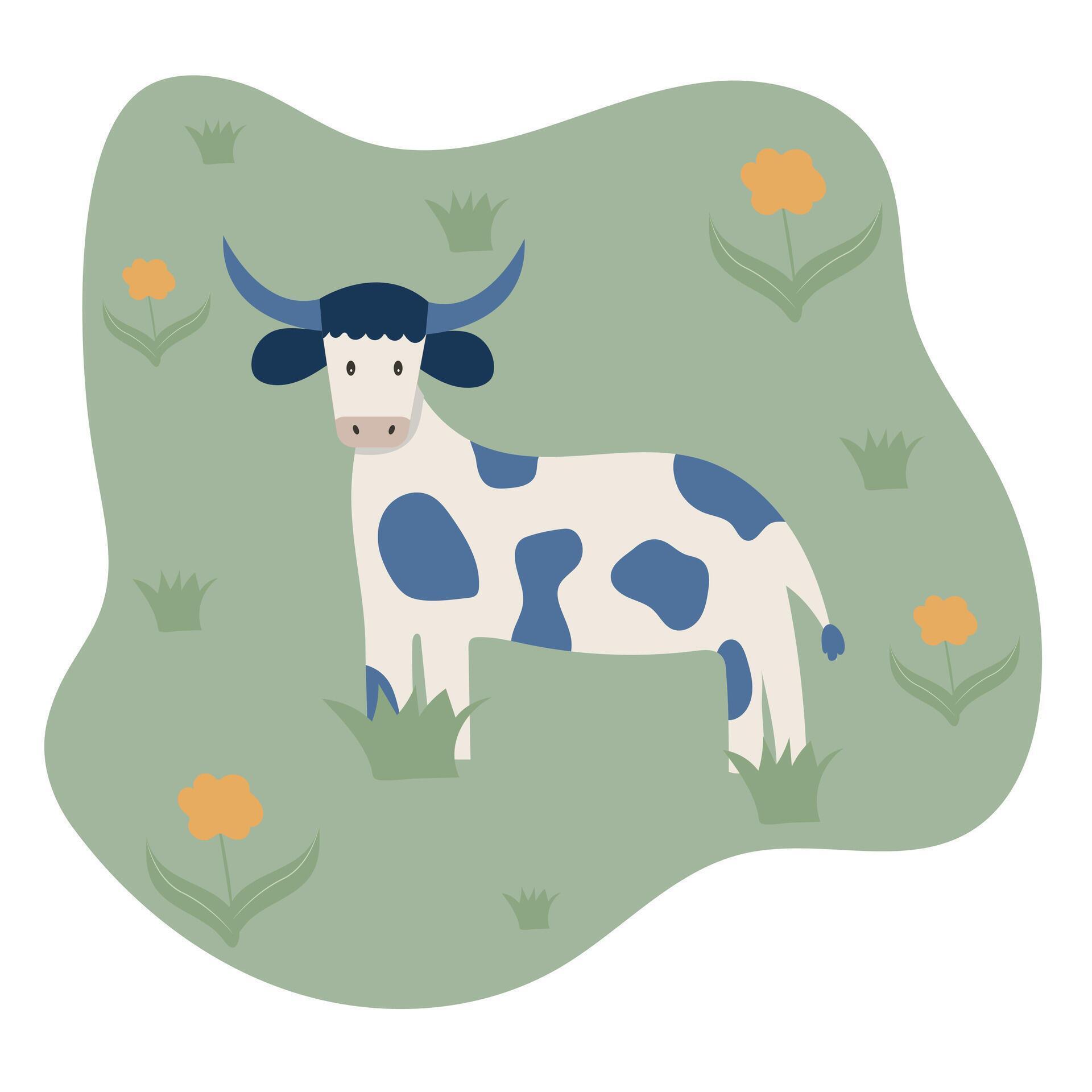 cute cow on a green spot with flowers Stock Free